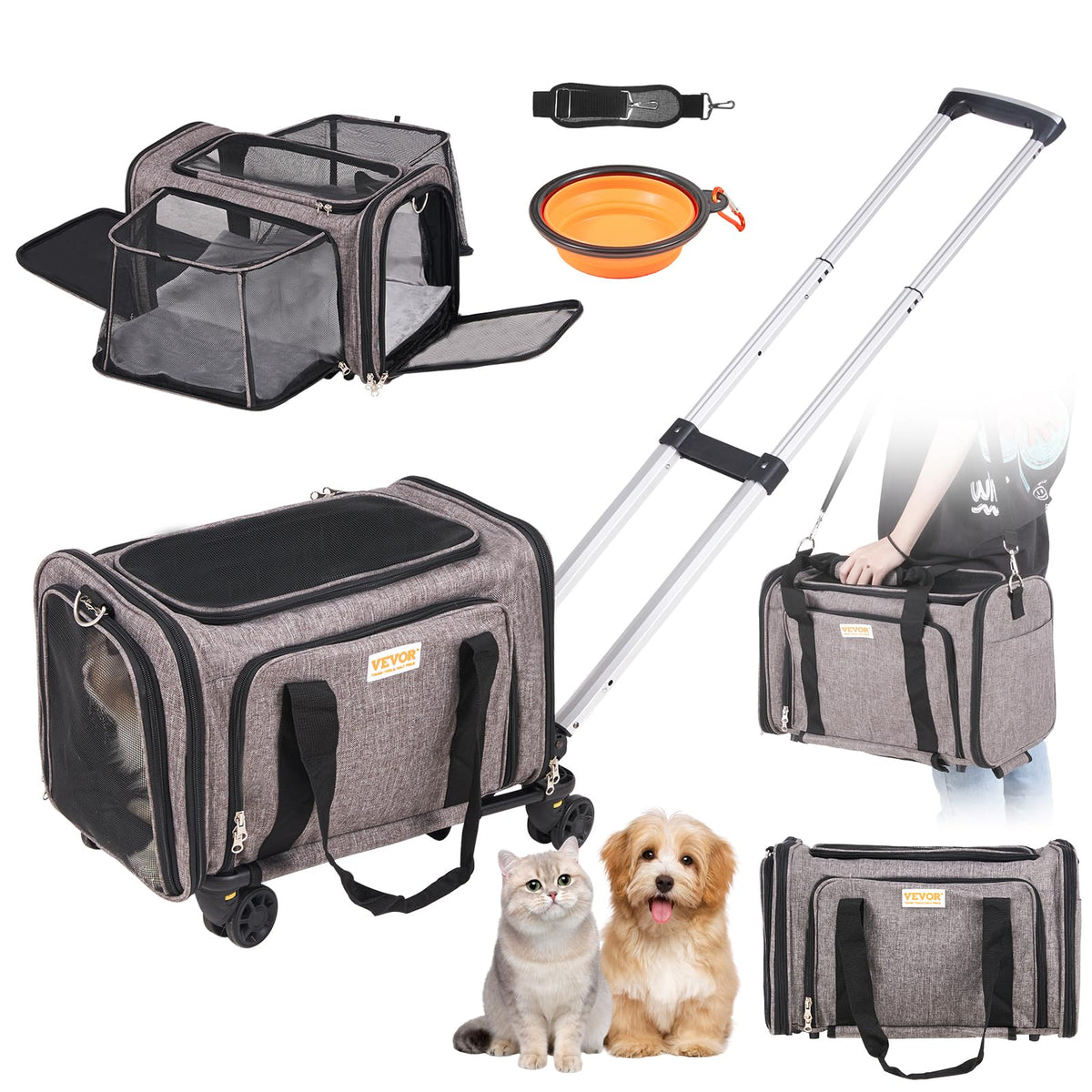 Vevor Airline Approved Petcarrier With Wheels,Rolling Catdog Carrier,Pettravel Carrier On Wheels With Upgraded Wheels And Telescopic Handle,Expandable Carrier For Under 25Lbs-Grey,17.5'Lx11.2'Wx11.4'H