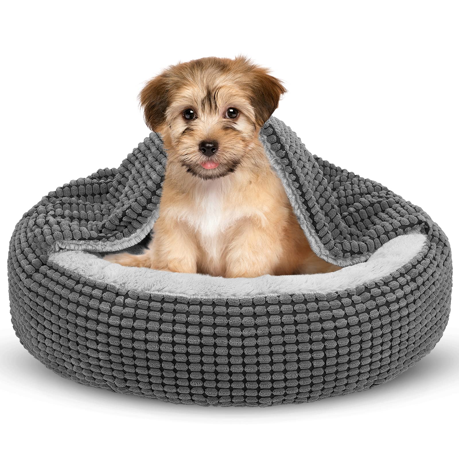 Siwa Mary Small Dog Bed With Attached Blanket, Cozy Donut Cuddler Anti-Anxiety Hooded Pet Beds Calming Cave Bed. Orthopedic Roun