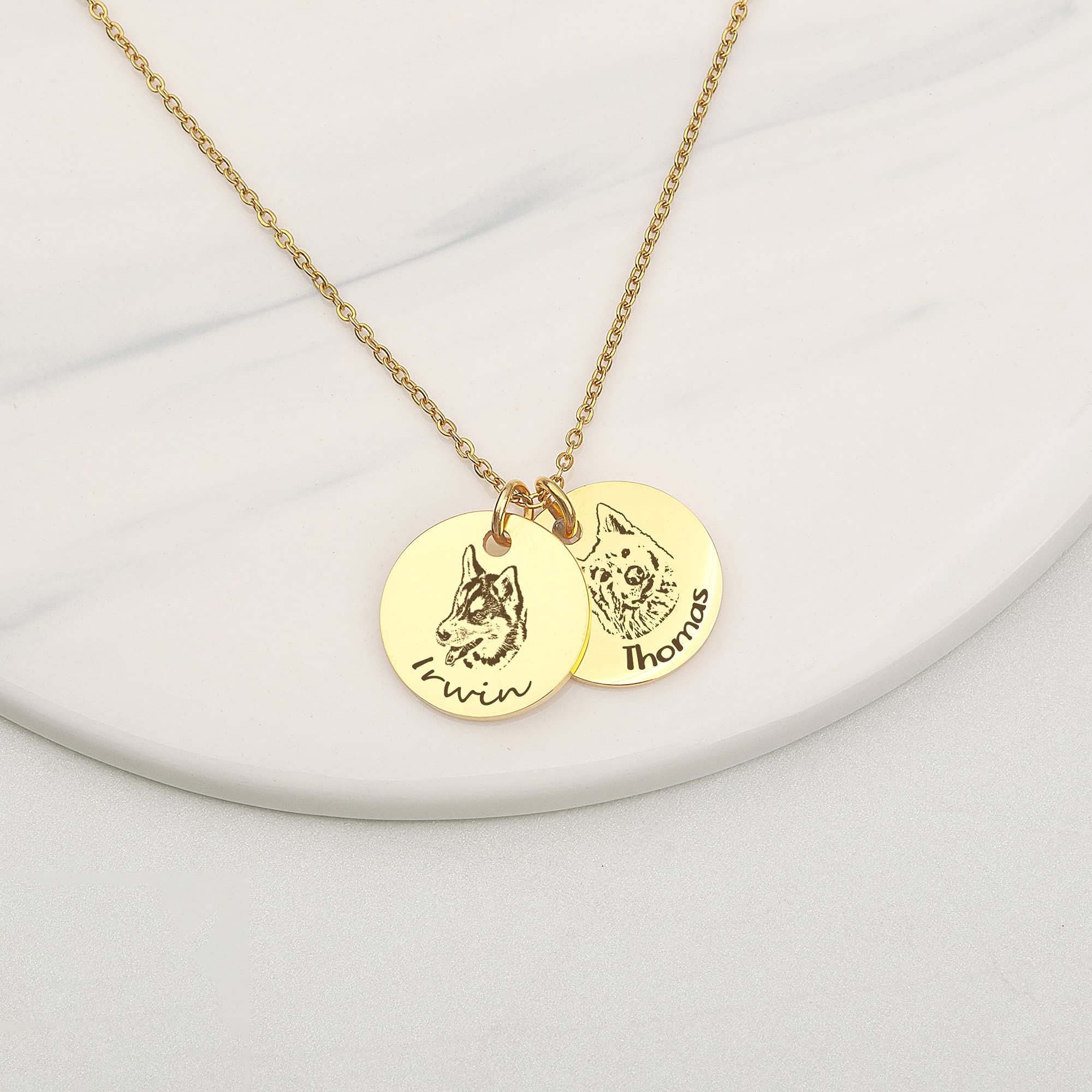 Anavia Personalized Pet Portrait Necklace, Handmade Dog Cat Memorial Jewelry Gift, Customized Round Disc Photo Engraved Necklace