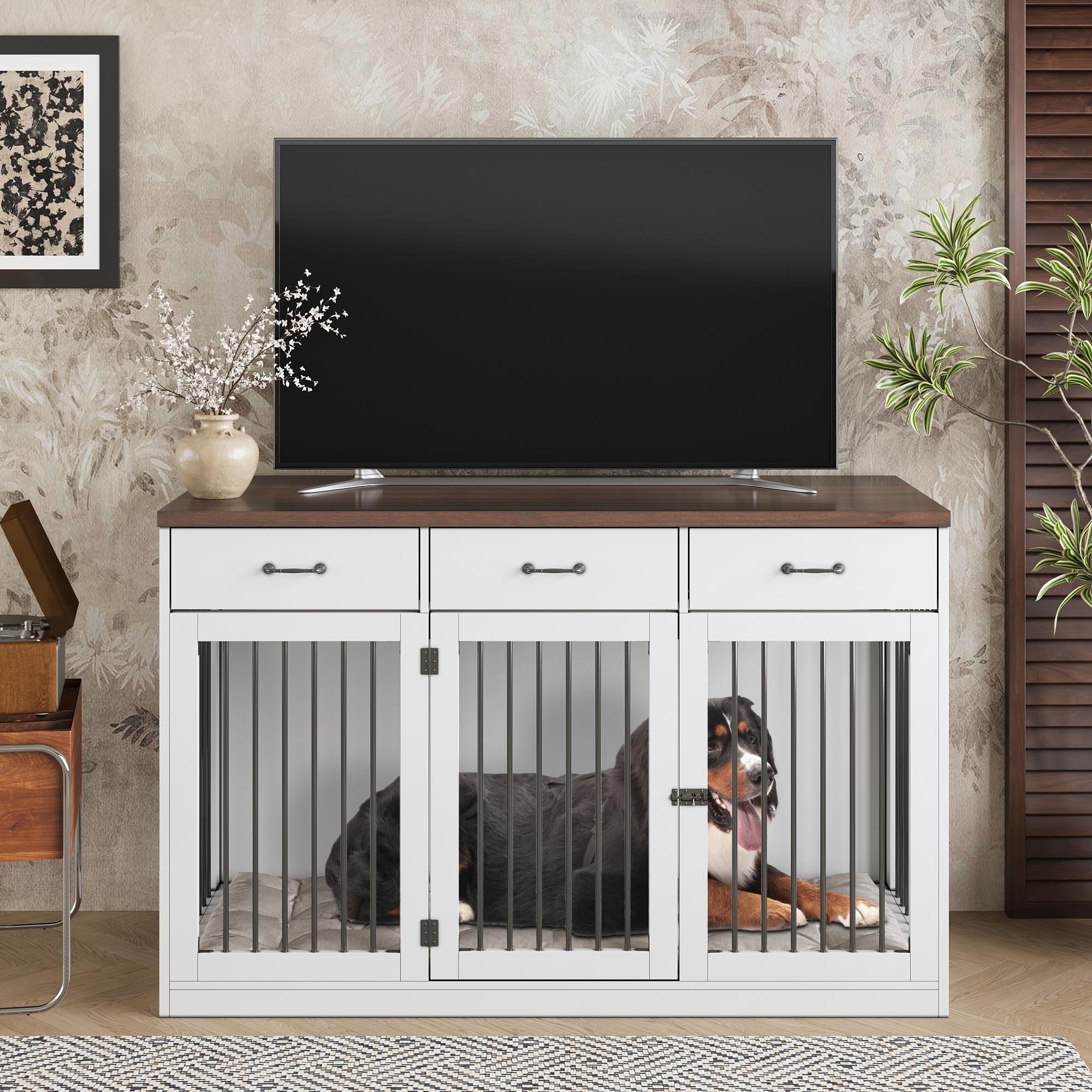 PIAOMTIEE 55.3  Extra Large Dog Crate Furniture, Indoor Heavy Duty Dog Kennel House with 3 Drawers, Modern Furniture Dog Crate S