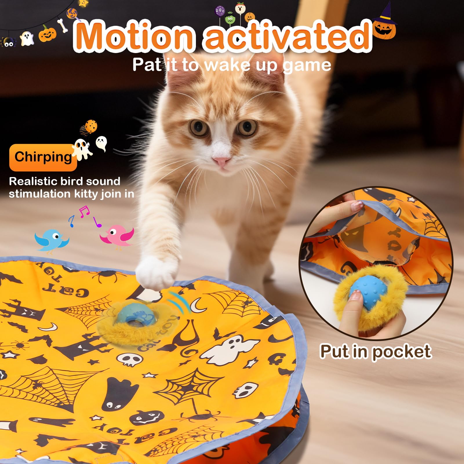 Giociv Interactive Cat Toy Ball - Fast Rolling, Motion Activated Chirping, Hide and Seek Mouse Game for Halloween Party