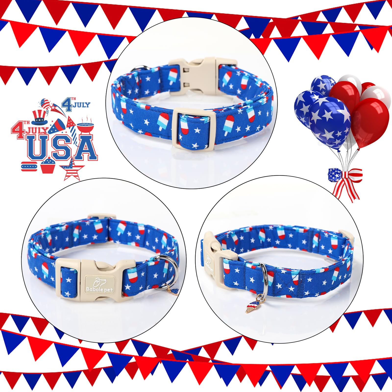 Babole Pet 4Th Of July Dog Collar, Summer Popsicle Patriotic Dog Collars For Giant Large Dogs, Adjustable Lightweight Quick-Rele