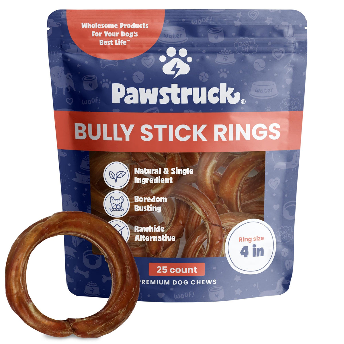 Pawstruck All-Natural 4' Bully Stick Rings For Dogs - Rawhide-Free, 100% Beef, Single Ingredient Dental Chew Bones - Fully Digestible, Low Odor - Bulk 25 Pack - Packaging May Vary