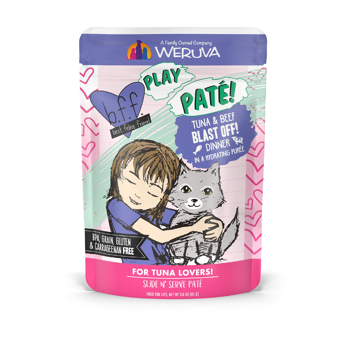 B.F.F. Play - Best Feline Friend Paté Lovers, Aw Yeah!, Tuna & Beef Blast Off! With Tuna & Beef, 3Oz Pouch (Pack Of 12)