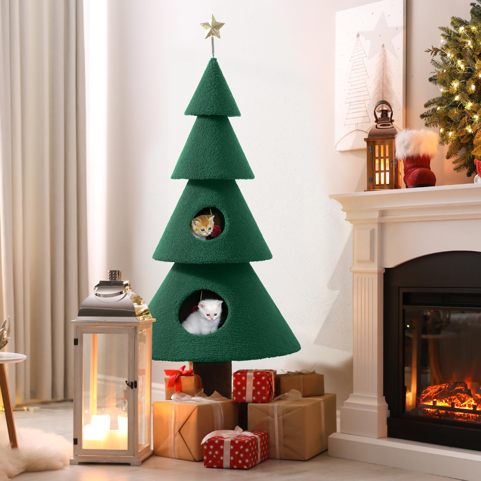 DWVO 60in Cat Christmas Tree with 2 Condos, Cat Tree House for Indoor Cats, Kitty Furniture Party Decoration with Cat House and 