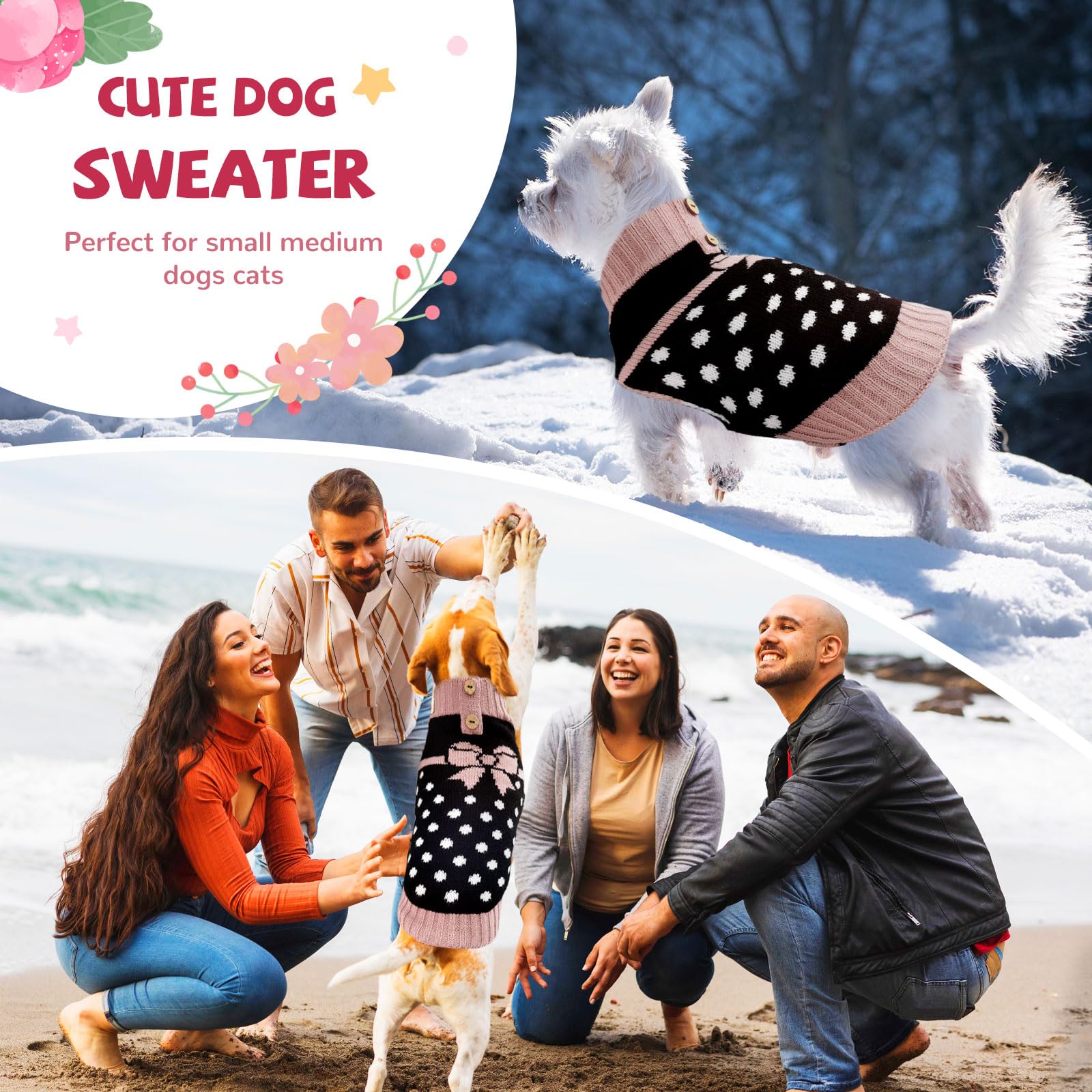 PETCARE Cute Small Dog Sweater Dot Black Dog Sweater with Purple Bowtie Puppy Dog Clothes for Small Medium Dogs Cats Girl Warm F