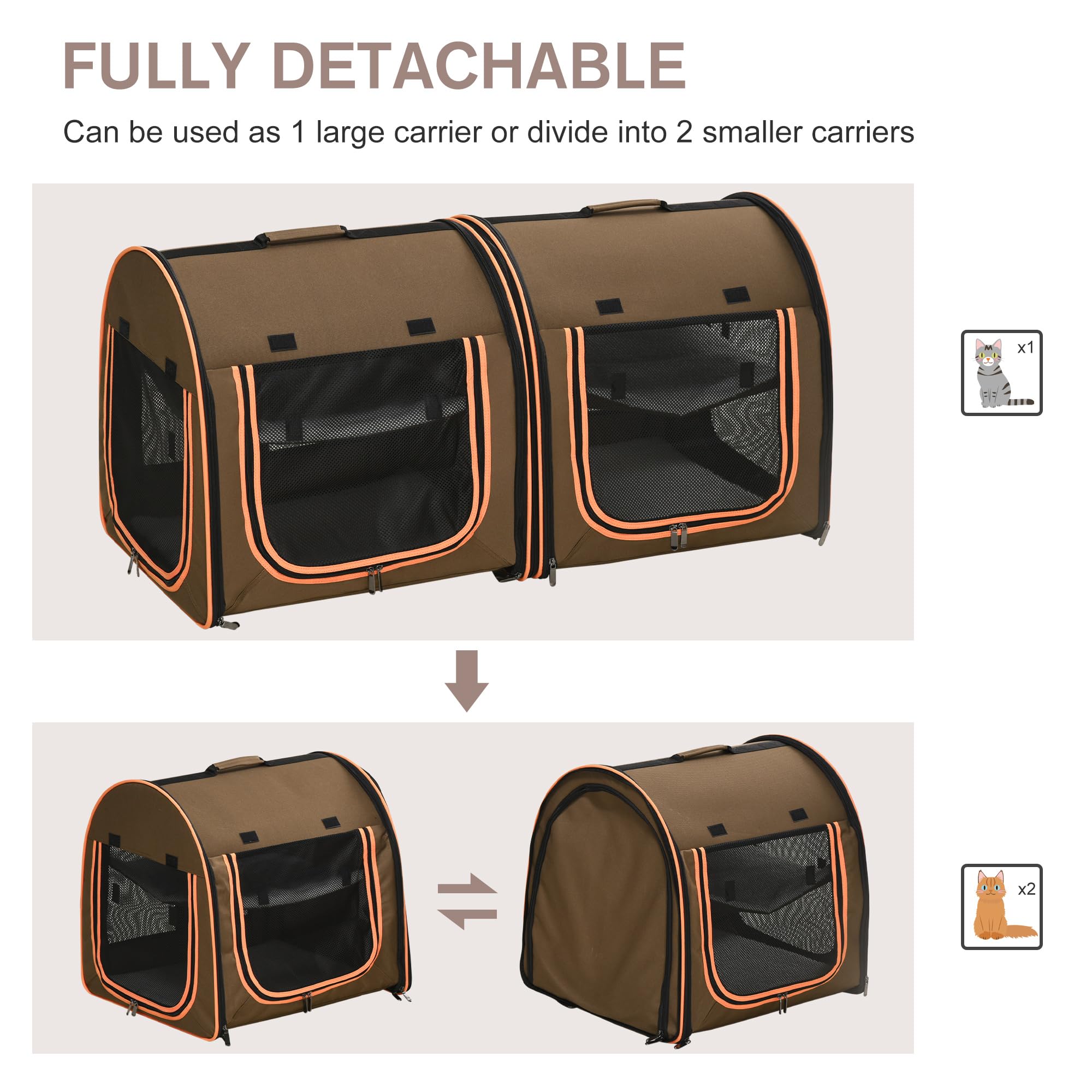 Pawhut 39' Portable Soft-Sided Cat Carrier, Travel Pet Carrier With Divider, Two Compartments, Soft Cushions, & Storage Bag, Brown