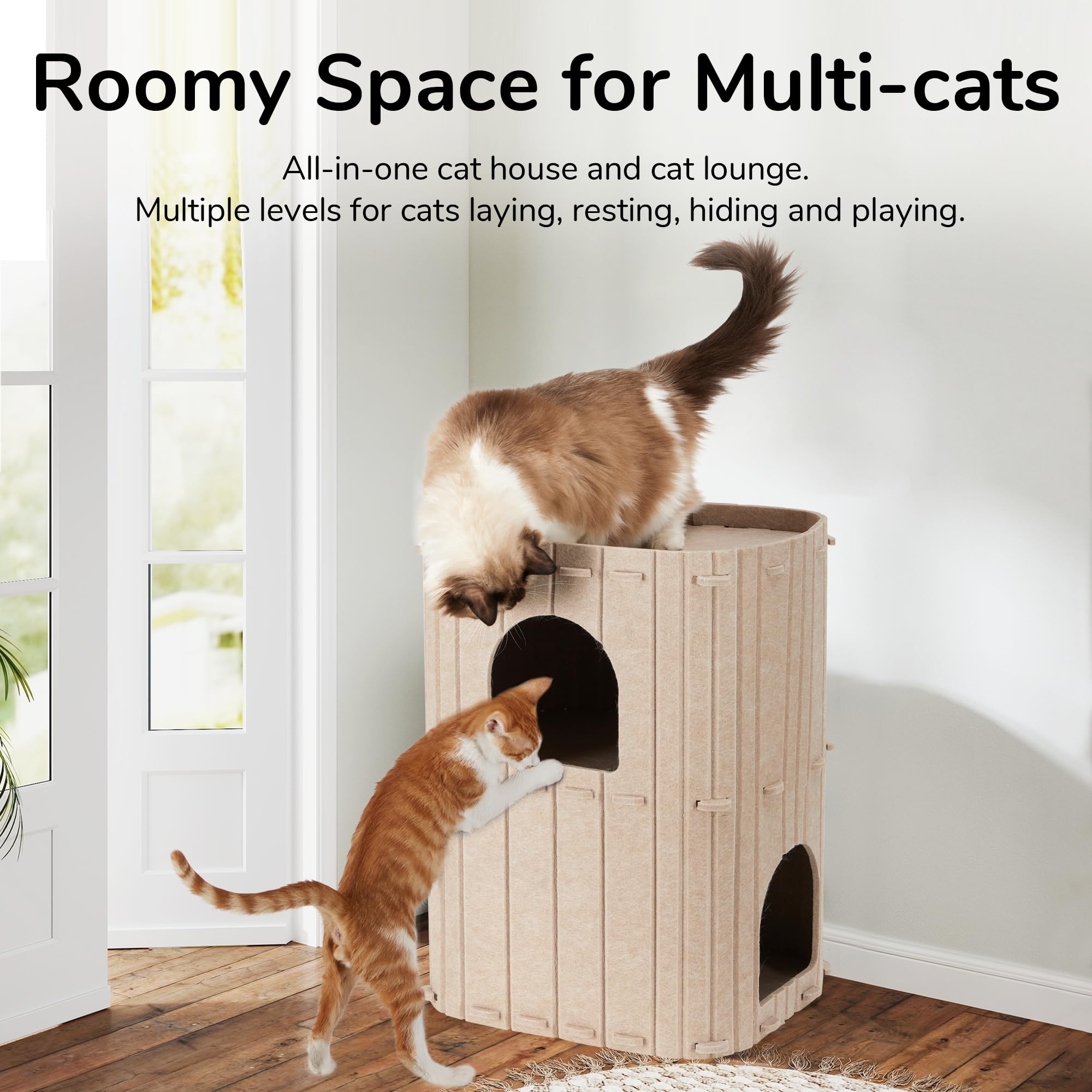 Fukumaru Cat House For Indoor Cats, 2-Storey Large Cat Bed Cave, Cozy Felt Covered Cats Tunnel Condo Hideaway For Multicats, 17.