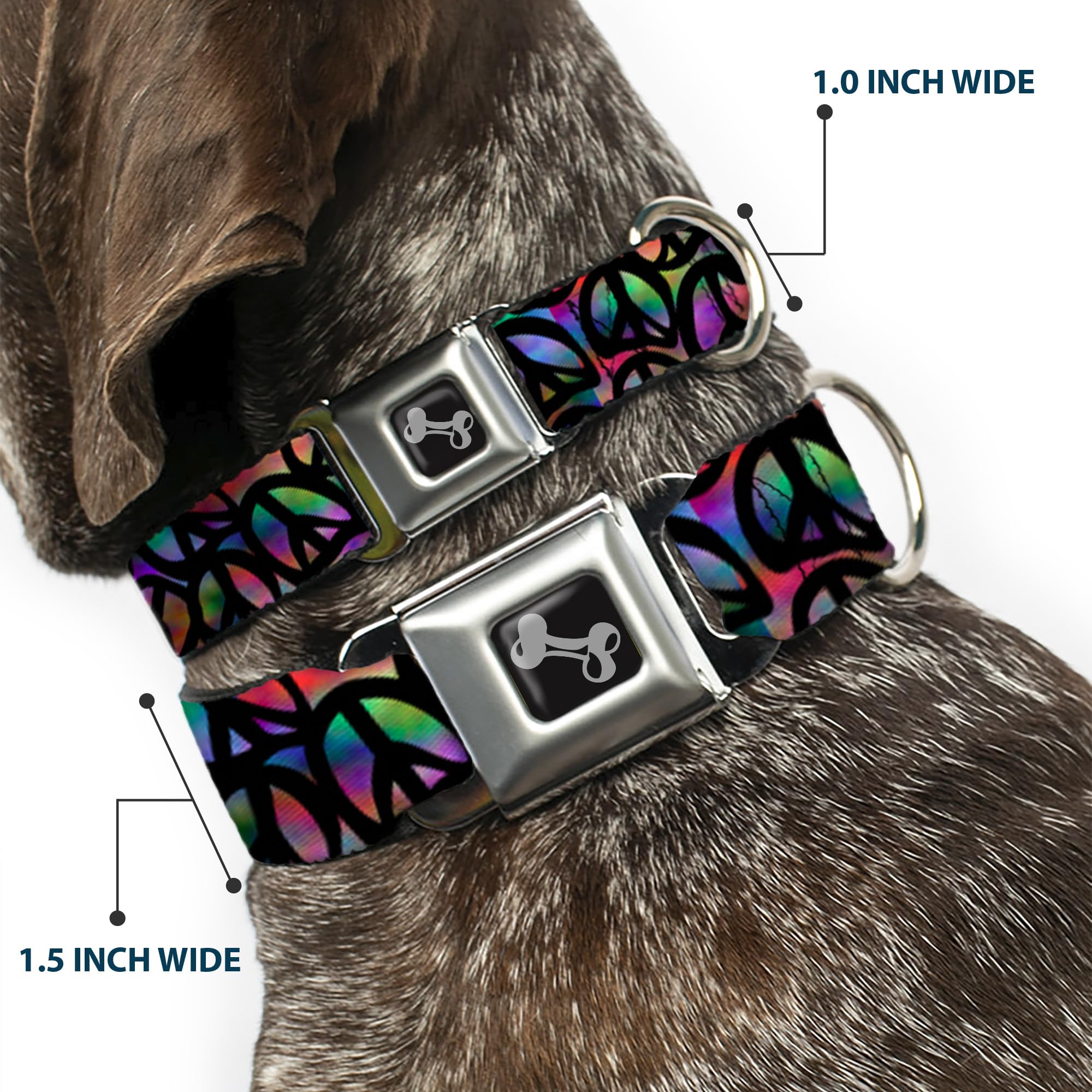 Buckle-Down Seatbelt Buckle Dog Collar - Peace Psychedelic - 1.5' Wide - Fits 16-23' Neck - Medium