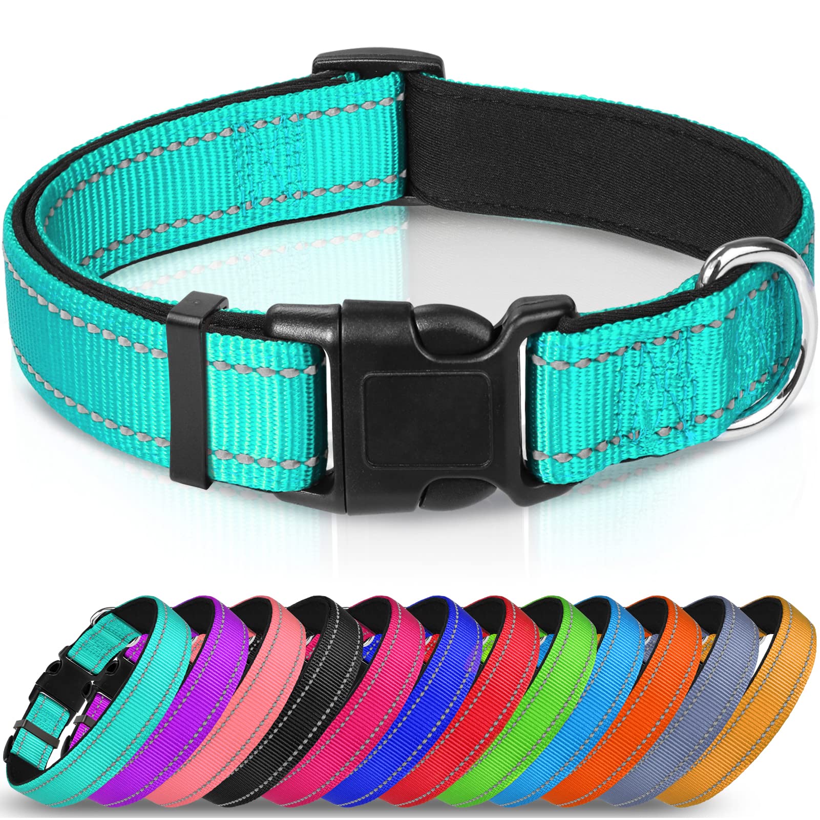 Joytale Reflective Dog Collar,Soft Neoprene Padded Breathable Nylon Pet Collar Adjustable For Extra Large Dogs,Teal,Xl
