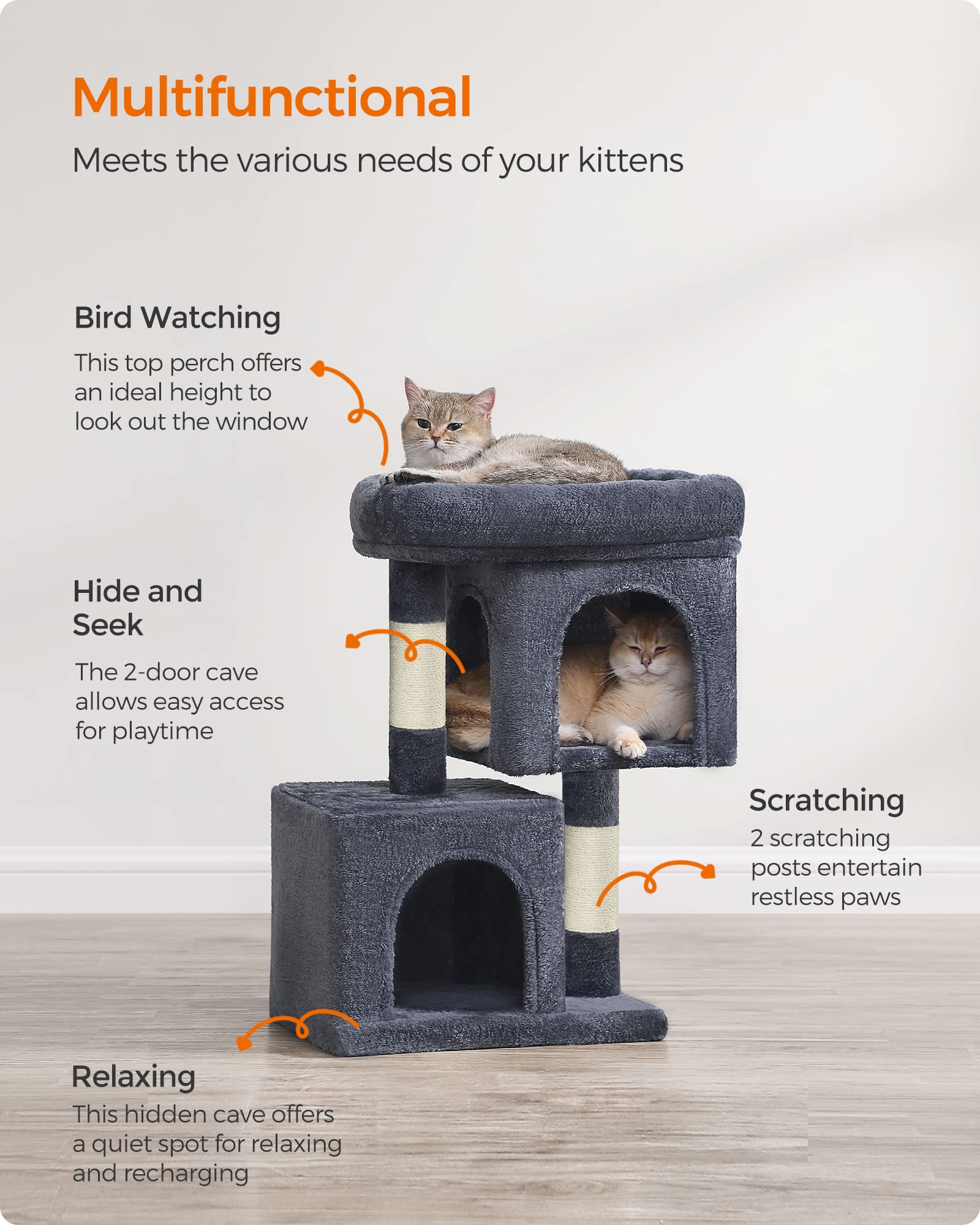 Feandrea Cat Tree, 26.4-Inch Cat Tower, S, Cat Condo For Kittens Up To 7 Lb, Large Cat Perch, 2 Cat Caves, Scratching Post, Smok