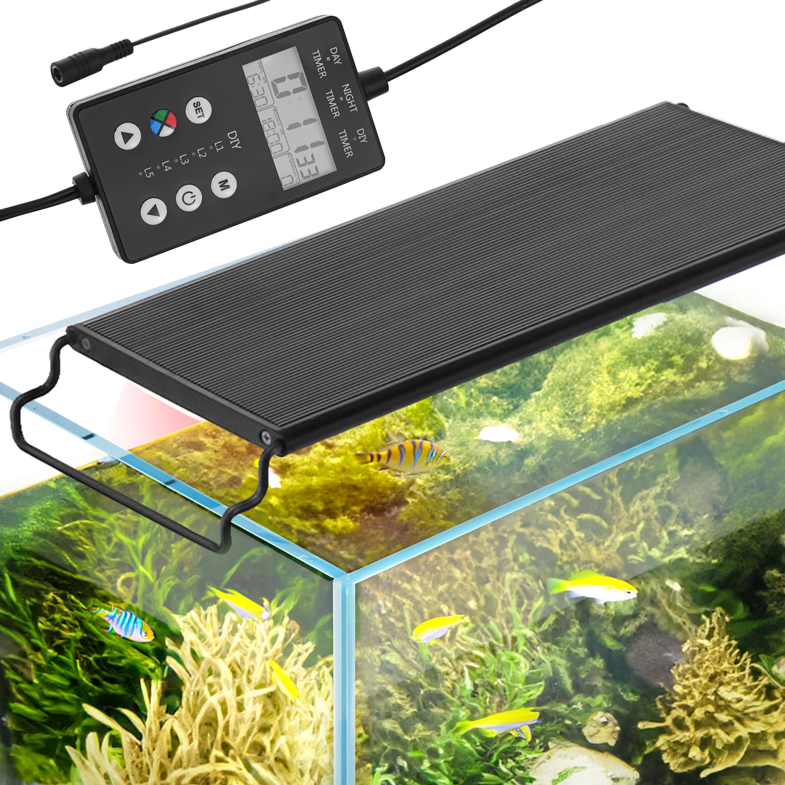 Vevor Aquarium Light With Lcd Monitor, 14W Full Spectrum Fish Tank Light With 24/7 Natural Mode, Adjustable Brightness & Timer -