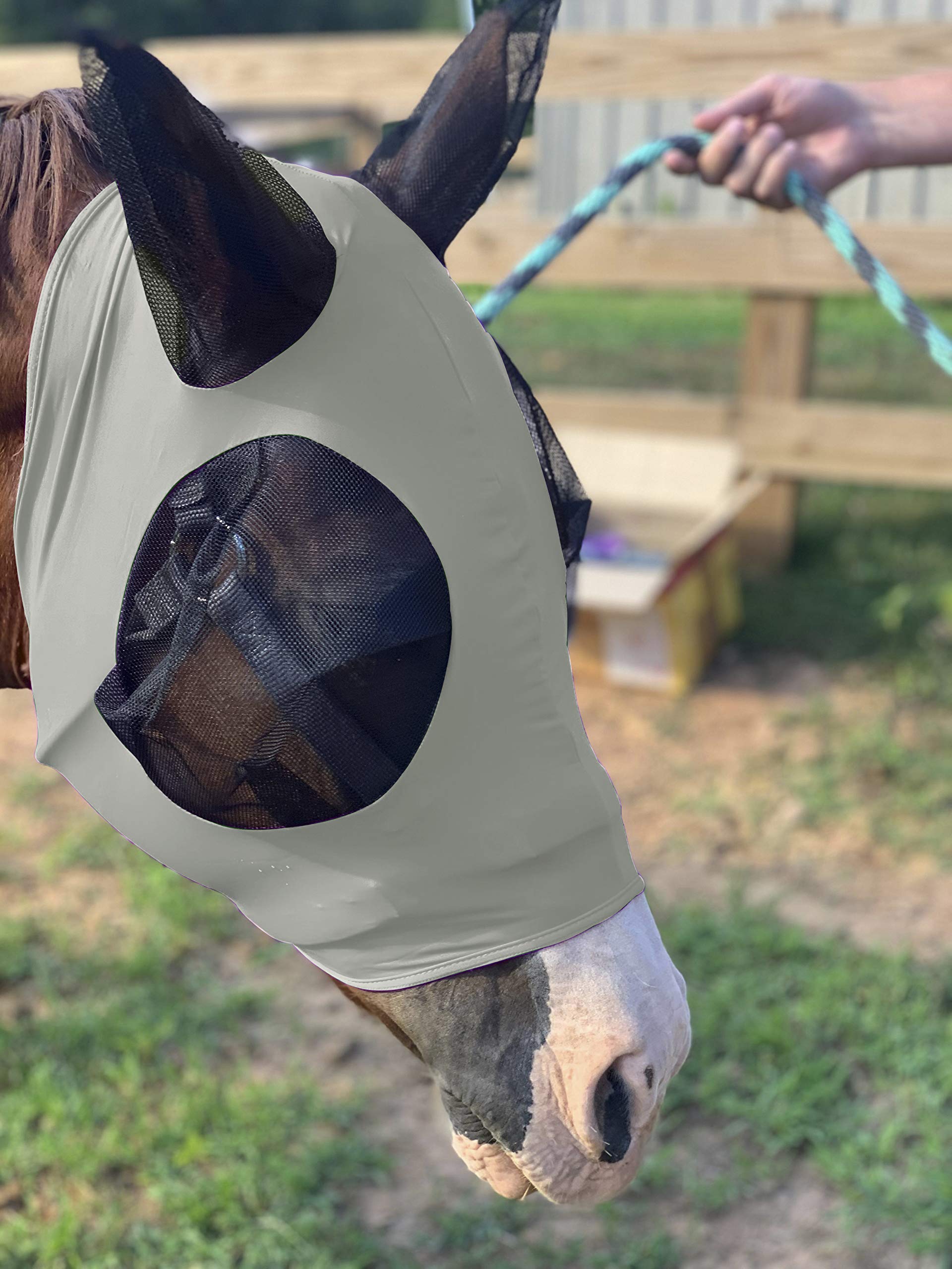 Horse Fly Mask with Ears Comfort Fit Mesh Trail Pasture Sun UV Protection (Arab/Cob/Small Quarter, Gray)