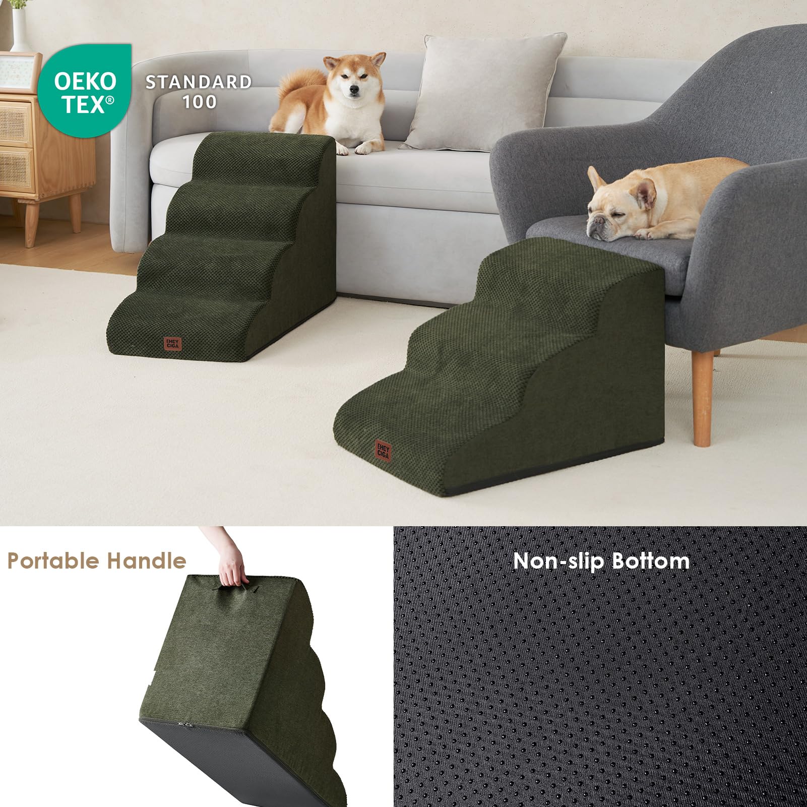 Eheyciga Curved Dog Stairs Ramp For Small Dogs 15.7' H, 3-Step Dog Steps For Couch Sofa And Chair, Pet Stairs For Cats, Non-Slip Balanced Pet Steps Indoor, Olive Green