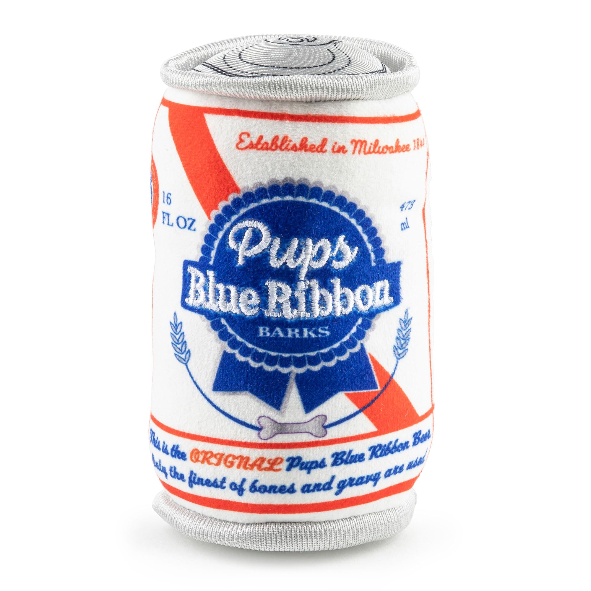 Haute Diggity Dog Pups Blue Ribbon Beer Can, Plush Designer Dog Toys with Interactive Squeaker, Stimulating Pet Enrichment, Mach