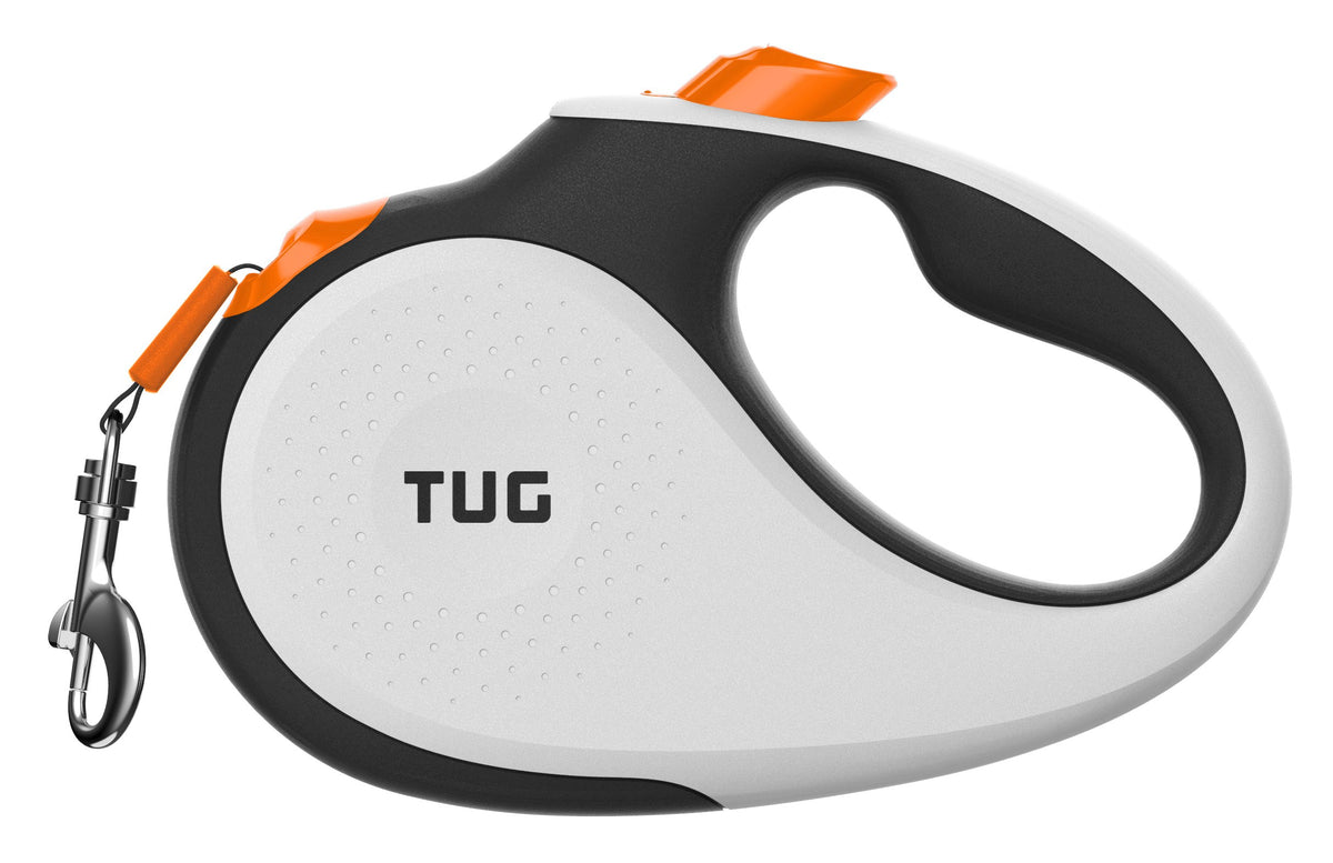 Tug 360° Tangle-Free Retractable Dog Leash With Anti-Slip Handle | 16 Ft Strong Nylon Tape | One-Handed Brake, Pause, Lock (Large, White/Orange)