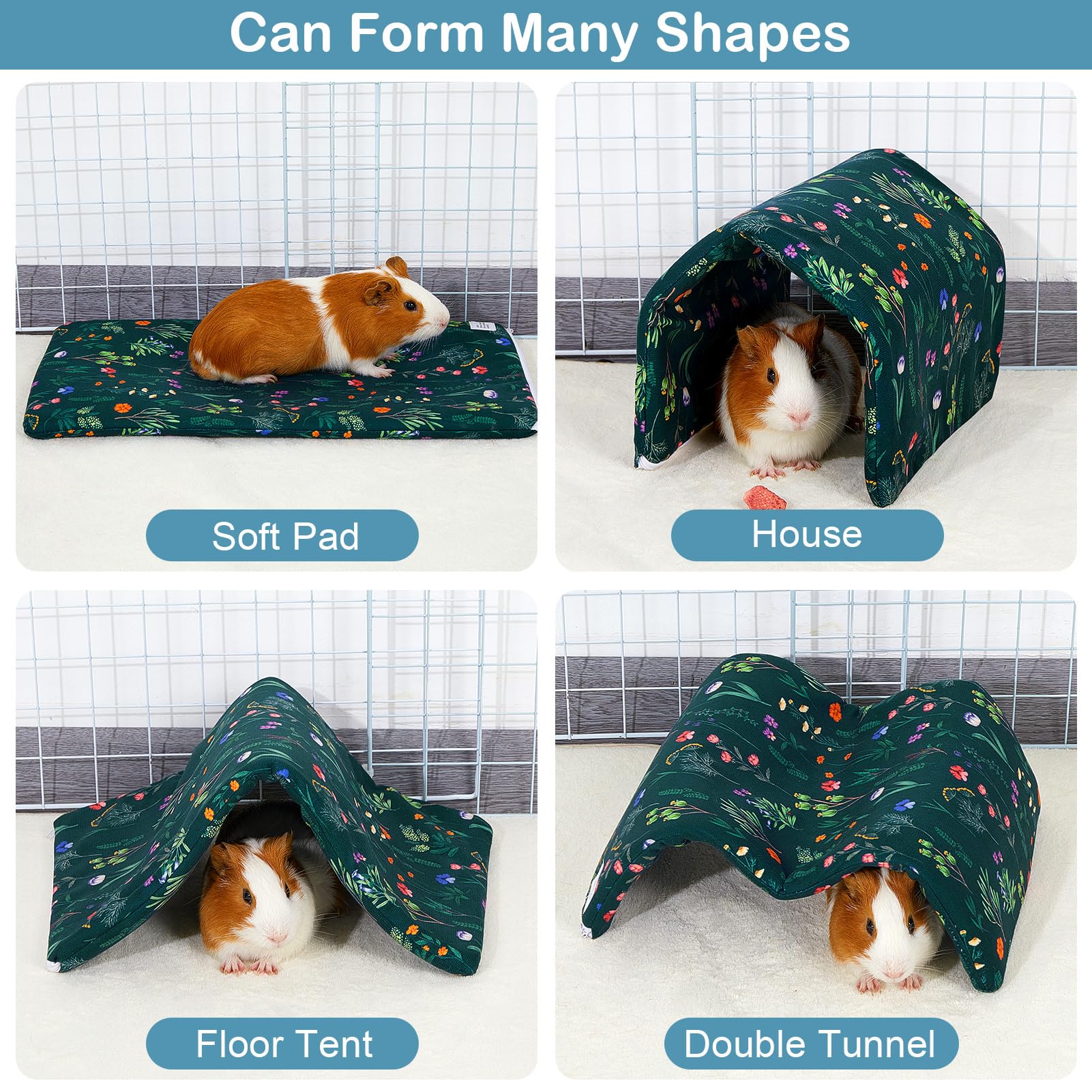 Bienbee Guinea Pig Tunnel & Hideout - Washable Rabbit Tunnel & Bunny House for Small Animals - Green Flowers Design