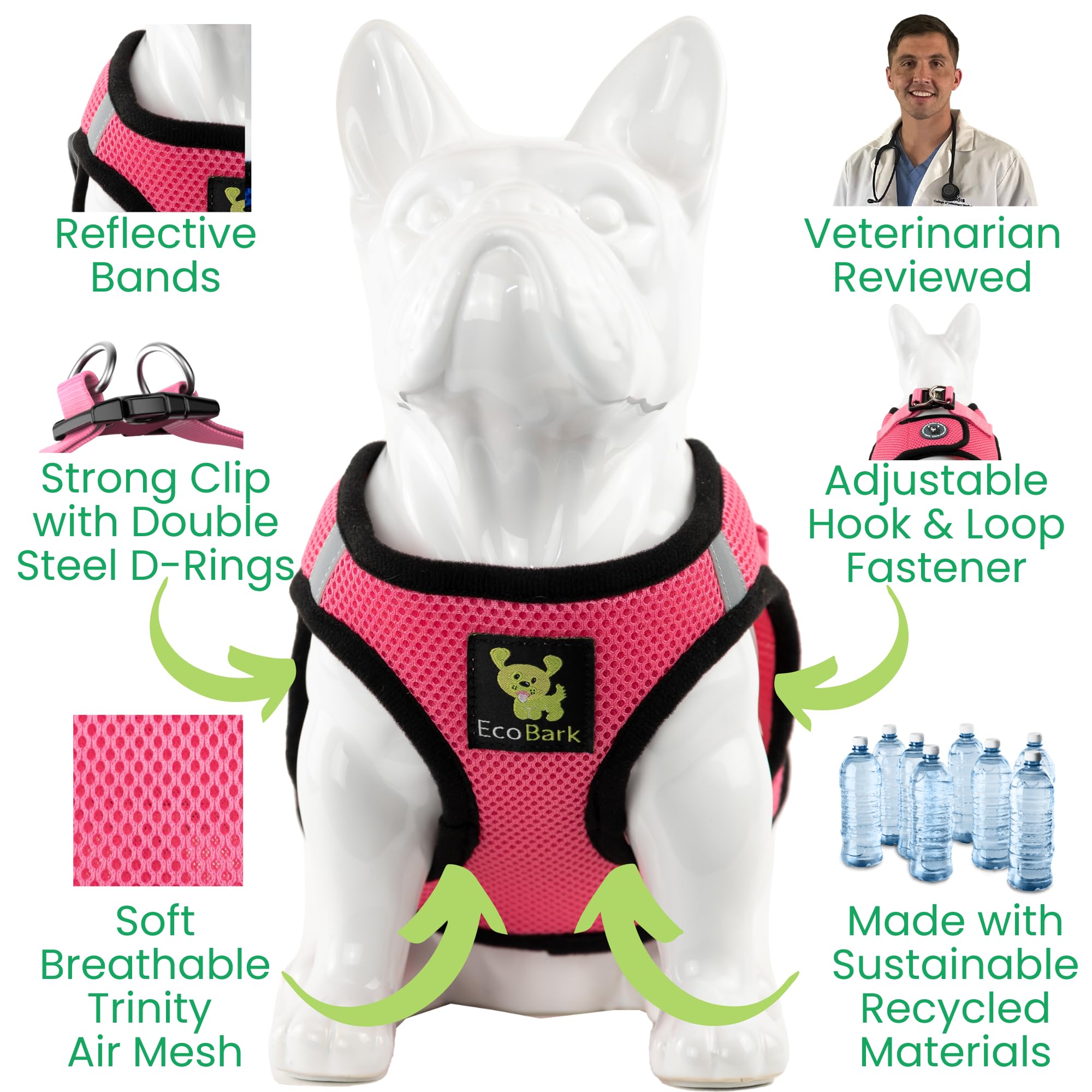 Ecobark Step In Dog Harness - Eco-Friendly Small & Medium Breed Dog Harnesses - Reflective And Adjustable Mini Body Halter Vest - Soft Mesh Toy Breed Harness (Bubblegum Pink, Medium)