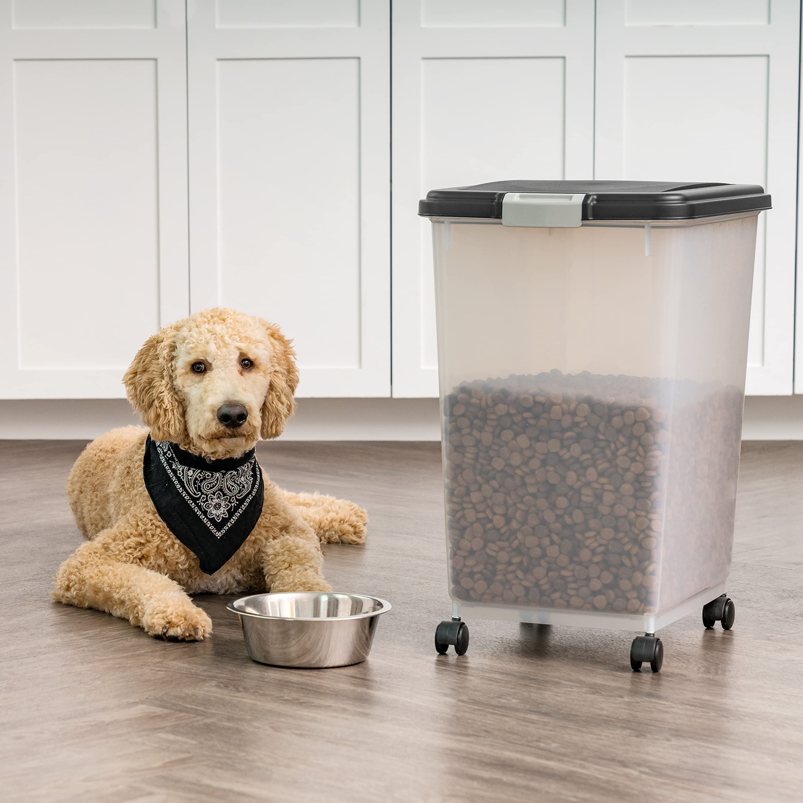 IRIS USA Dog Food Storage Container, Up to 54 Pounds, Attachable Wheels, For Dog Cat Bird and Other Pet Food Storage Bin, Keep F