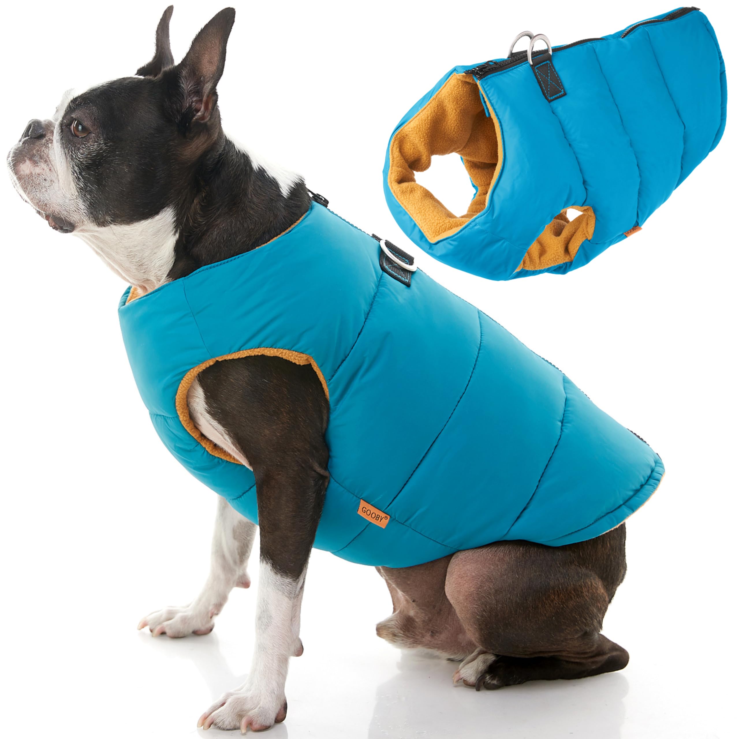 Gooby Padded Vest Dog Jacket - Solid Turquoise, Large - Warm Zip Up Vest Fleece Jacket With Dual D Ring Leash - Water Resistant 