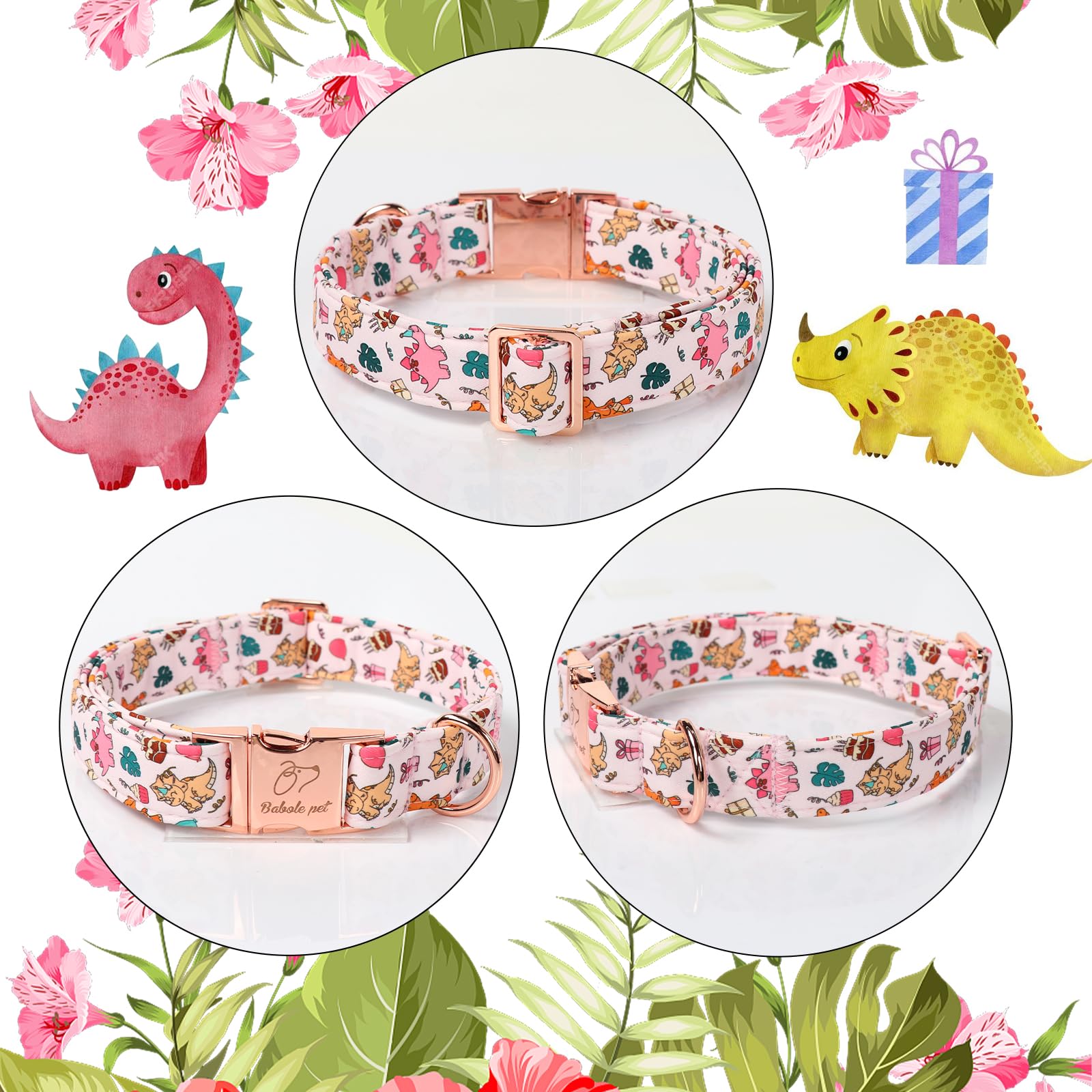 Babole Pet Cute Dinosaur Dog Collar - Adjustable Cartoon Girl Dog Collars For Small Dogs, Heavy Duty Metal Buckle Pet Collar, Pi