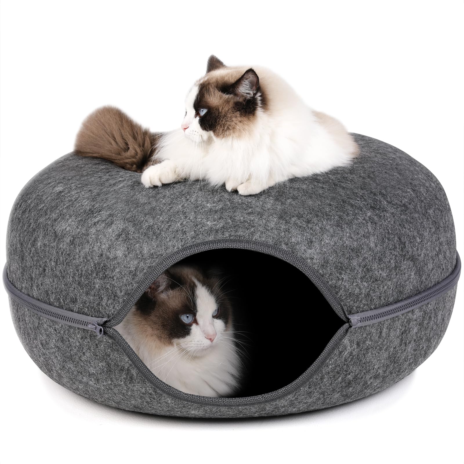 Bininl Cat Tunnel,Peekaboo Cave Bed for Indoor Cats,Donut Tunnel for Pet Cat House,Detachable Round Felt & Washable Interior Pla