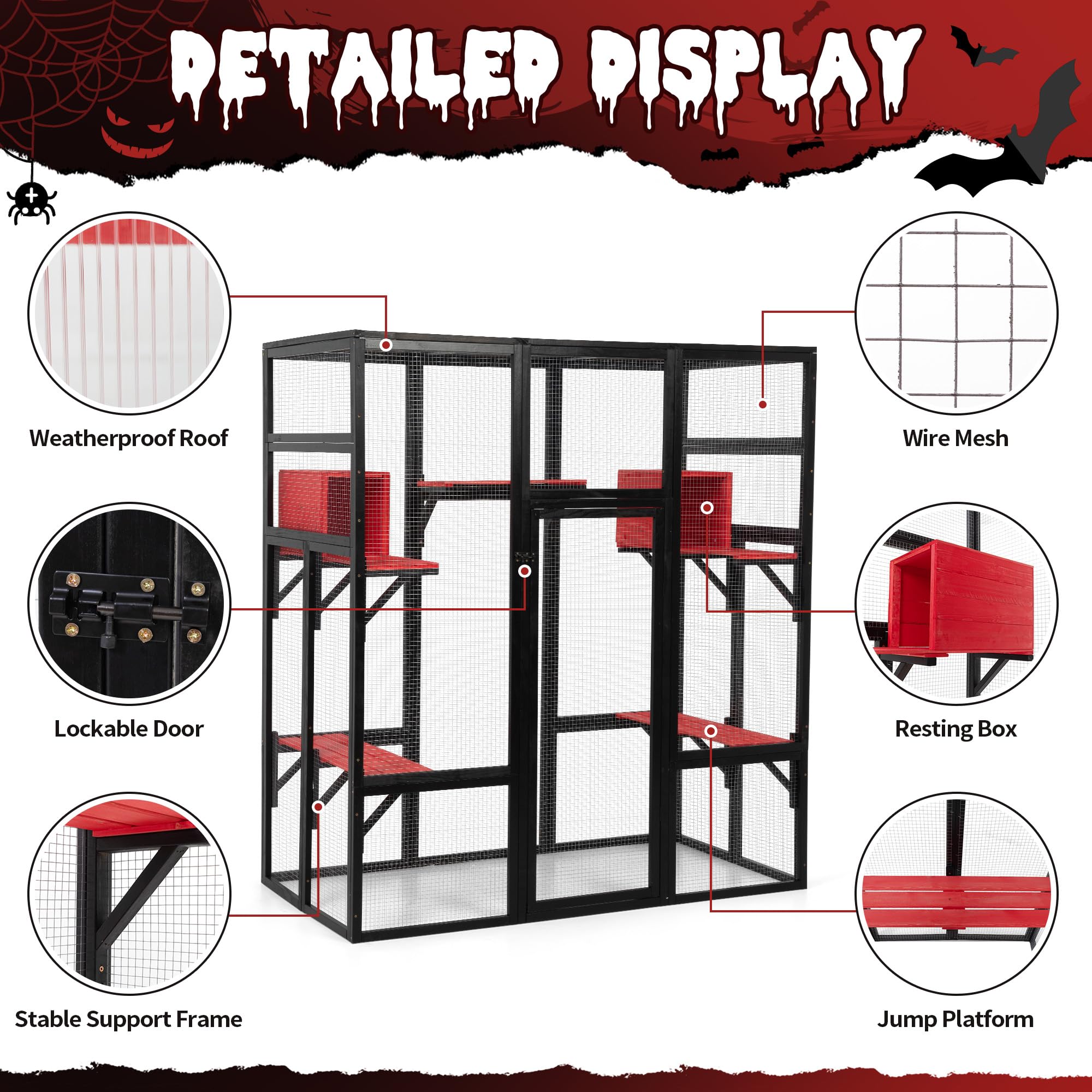 Nyeekoy 71Inches Large Wood Catio Outdoor Cat Enclosure With Perches And Condos, Cat House Indoor With Waterproof Roof, Cat Shel