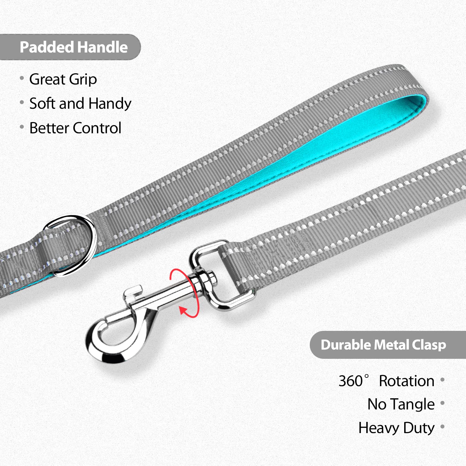 PHOEPET 5ft Dog Leash - Dual-Side Reflective, Soft Padded Handle, Grey & Mint Green - Ideal for Walking, Training, Hiking, Camping
