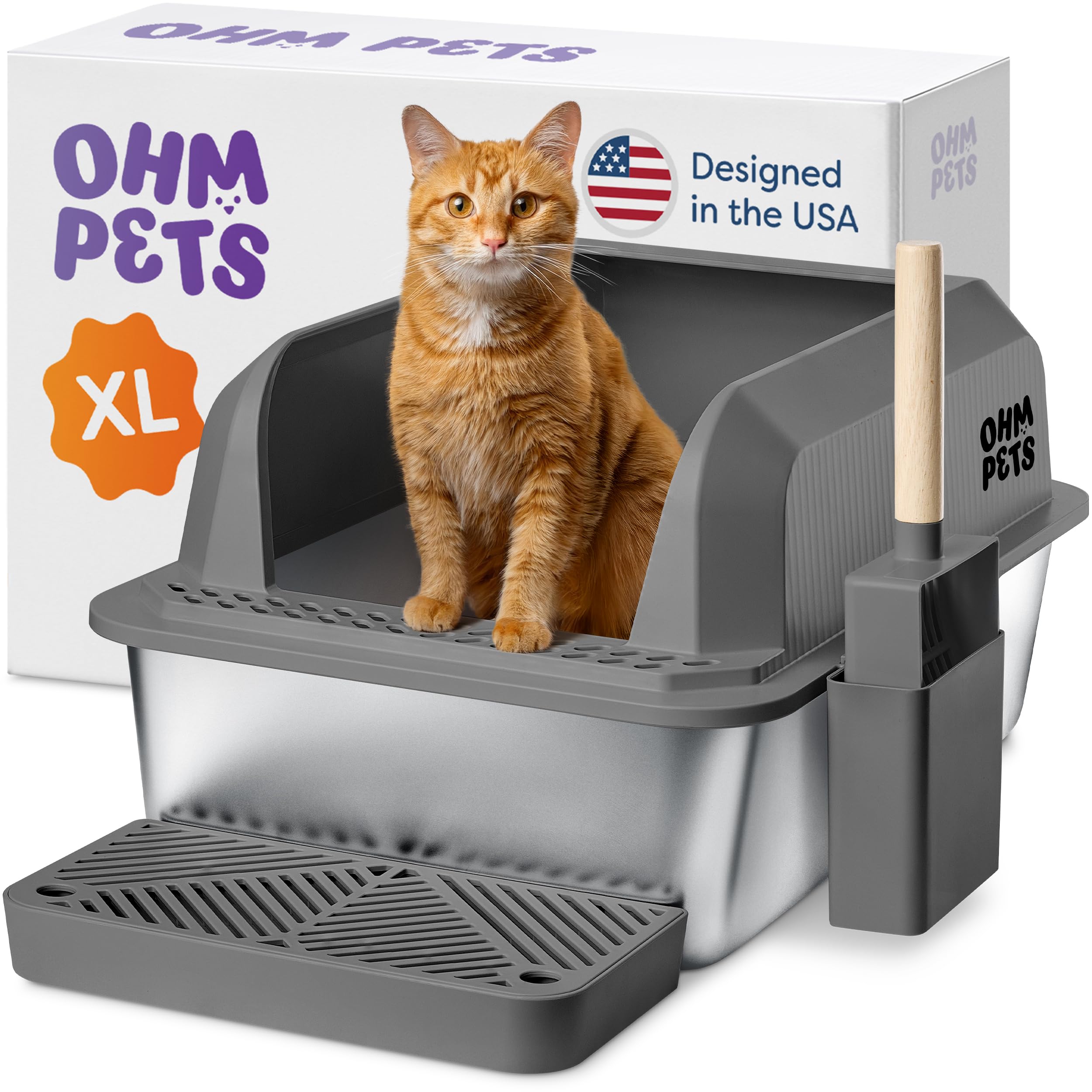 Ohm Pets Xl Stainless Steel Cat Litter Box - 20L Non-Stick, Rust-Proof Metal Litter Box With High Sides For Spill Prevention, Du