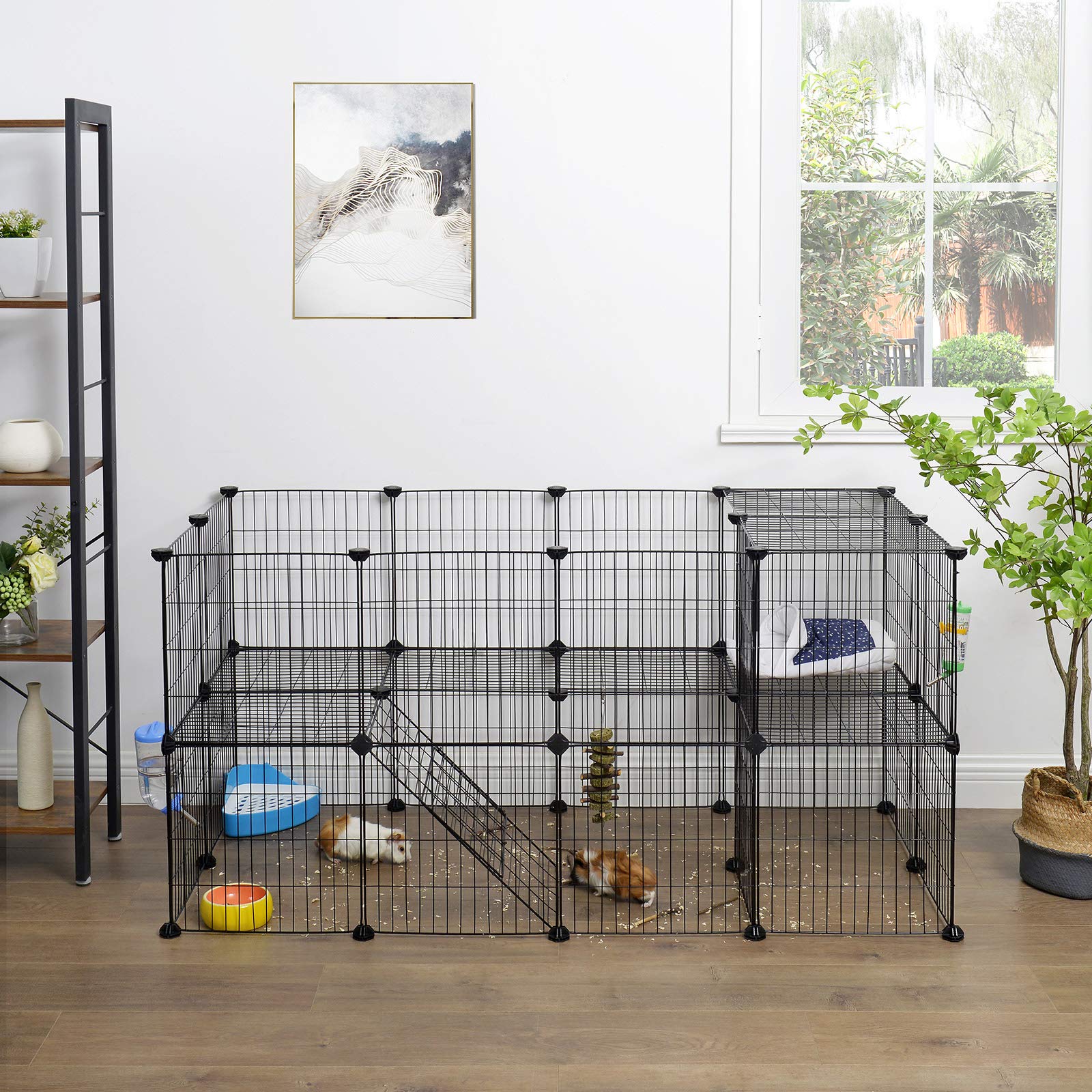 Songmics Pet Playpen, Small Animal Playpen, Rabbit Guinea Pig Cage, Zip Ties Included, Metal Wire Apartment-Style Two-Story Pet Premium Villa For Bunnies Puppies, Indoor Use, Black Ulpi02H