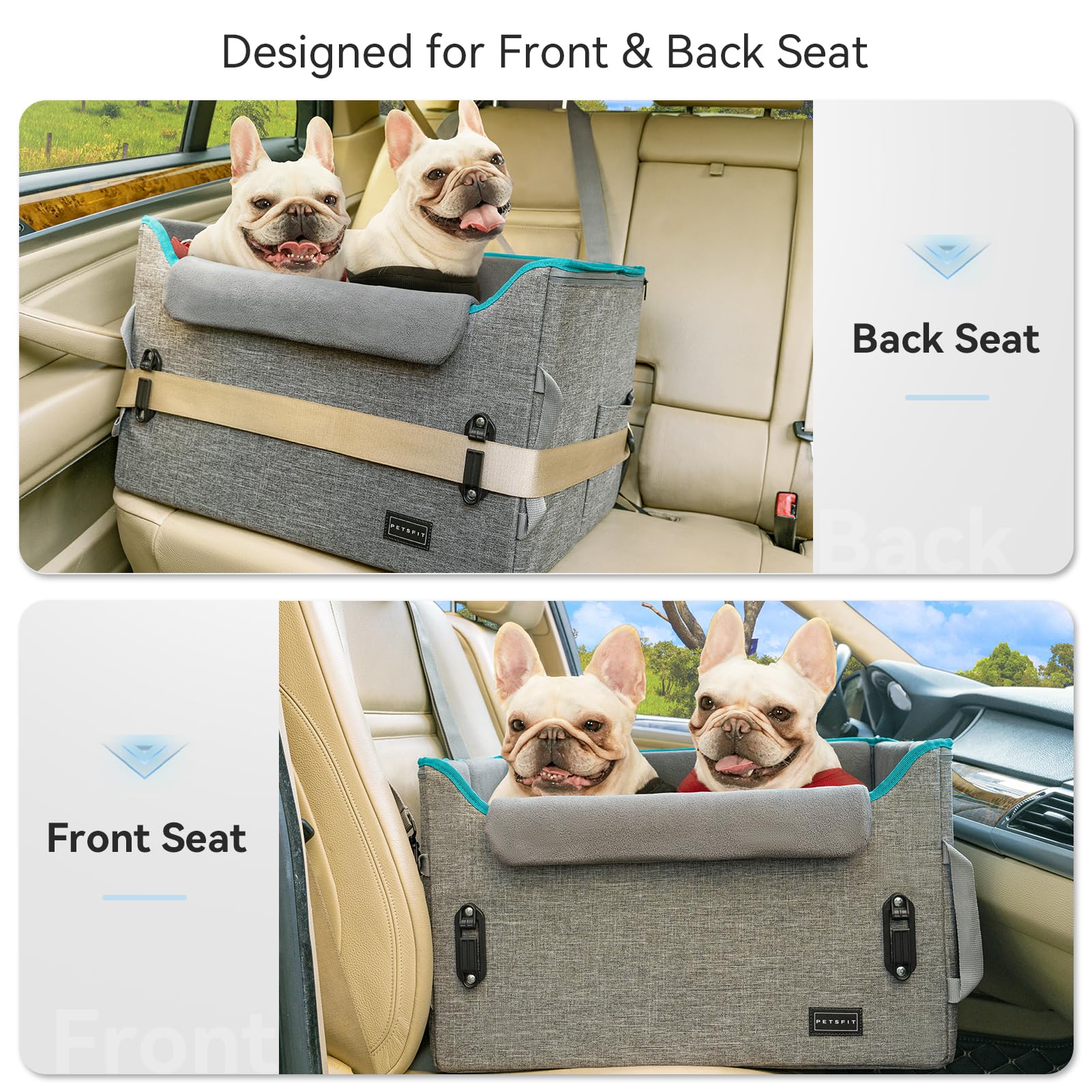Petsfit Dog Booster Car Seat For Small/Medium Dogs, Dog Car Seat For Medium Sized Dog With 2 Clip-On Safety Leashes And Patented Buckles, Pet Car Seat With Storage Pockets For Pets Under 45Lbs (Grey)