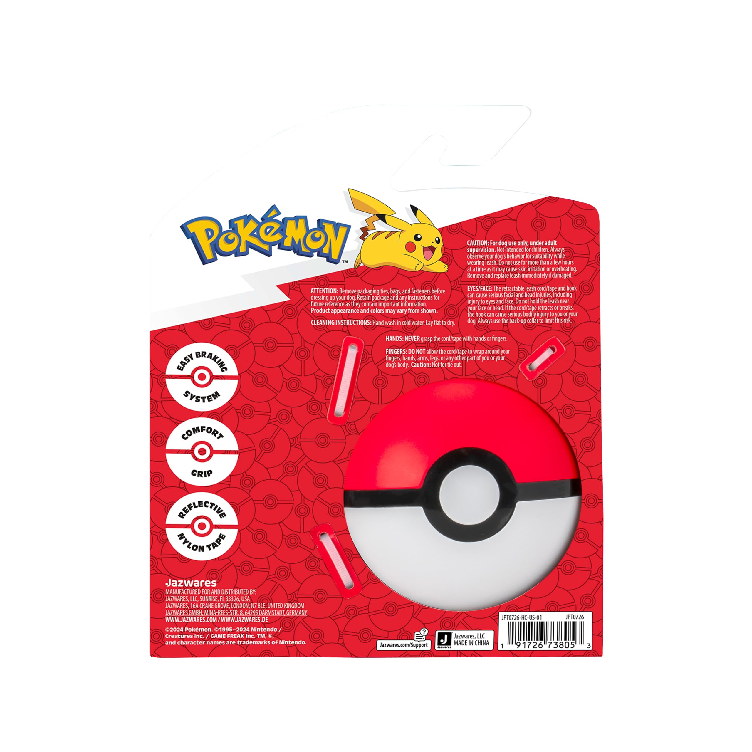 Pokemon Retractable Pet Leash - 16 Ft, Rubber, Multi Color, Model JPT0726 with Reflective Tape and Comfort Grip