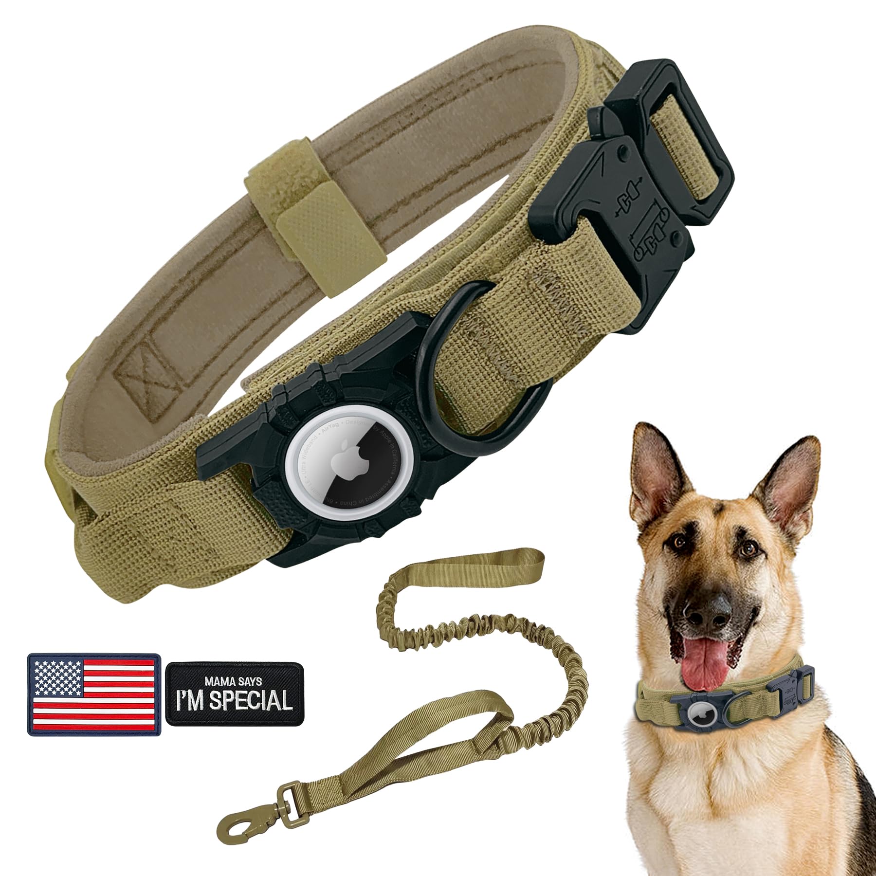 Tactical Airtag Dog Collar Leash Set - Heavy Duty, Adjustable Gps Collar Compatible With Apple Airtag, With Holder & Control Han