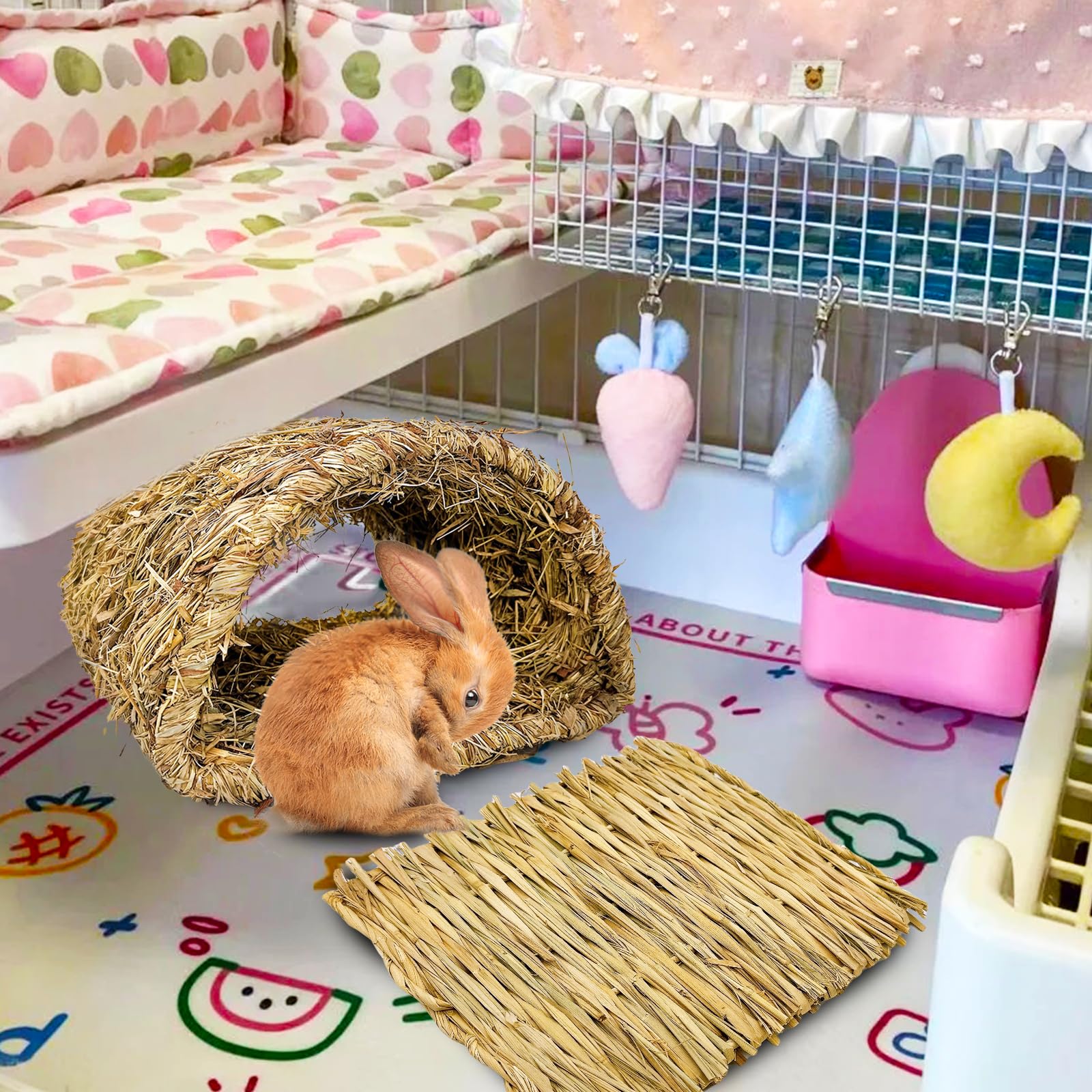 Hamiledyi Bunny Grass Tunnel,Rabbit Grass Bed,Natural Straw Woven Mat Winter Warm Hideaway Hut For Rabbit Gerbil Ferrets Guinea
