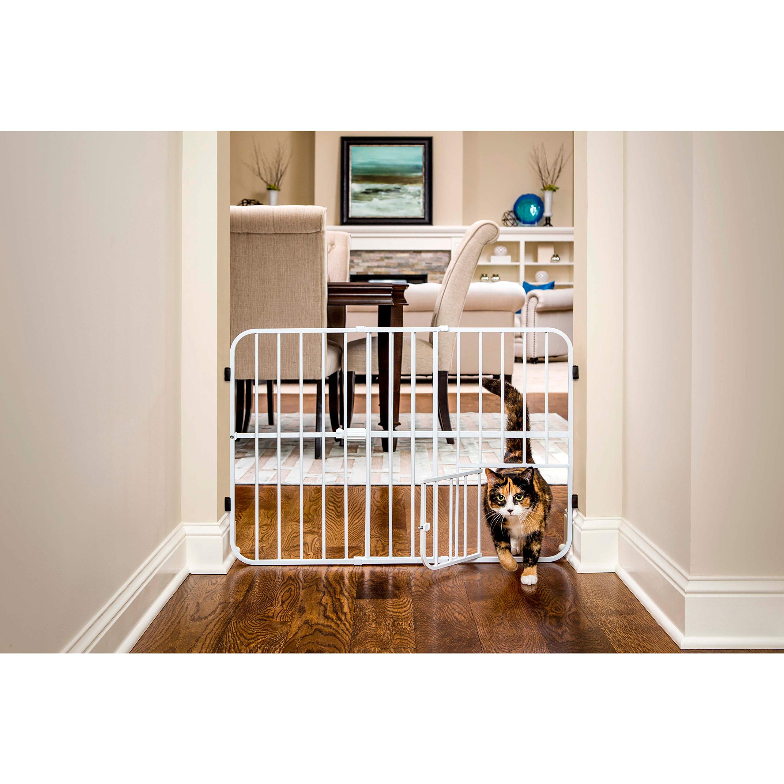 Carlson Pet Products Tuffy Metal Expandable Pet Gate, Includes Small Pet Door, 24 X 22-38 Inch, White