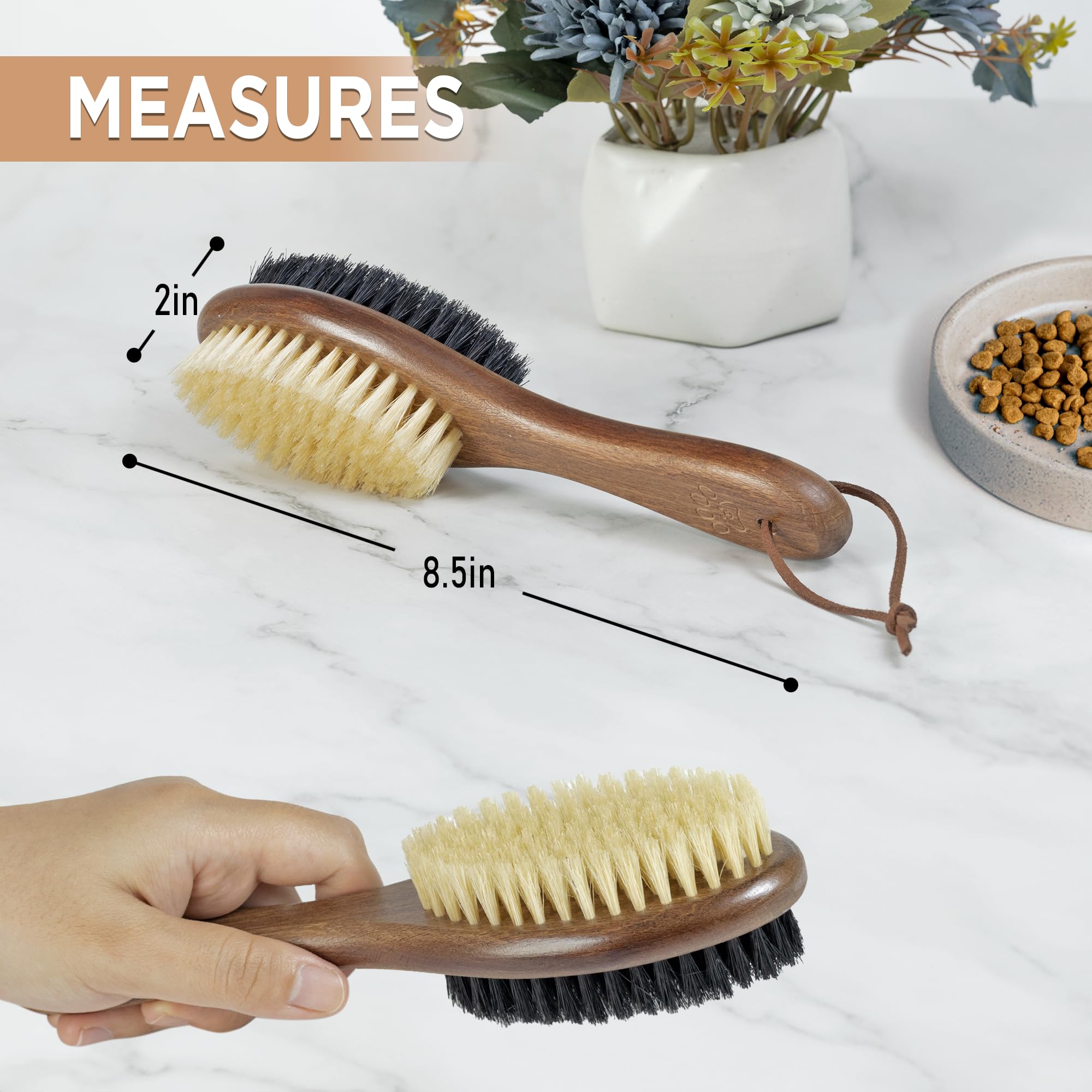 Takavu Double-Sided Boar Bristle Cat Brush - Natural Grooming Tool For Gentle Cleaning, Shine & Reduced Loose Hair - Wood Handle
