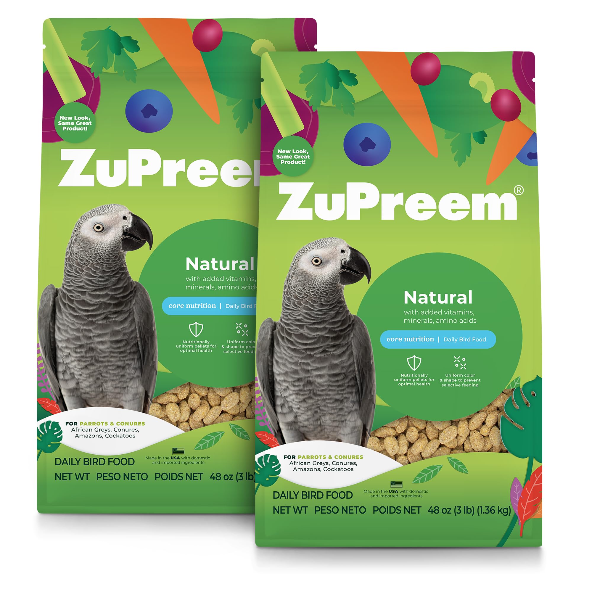 ZuPreem Natural Bird Food Pellets for Parrots & Conures, 3 lb (Pack of 2) - Daily Nutrition, Made in USA for Caiques, African Gr