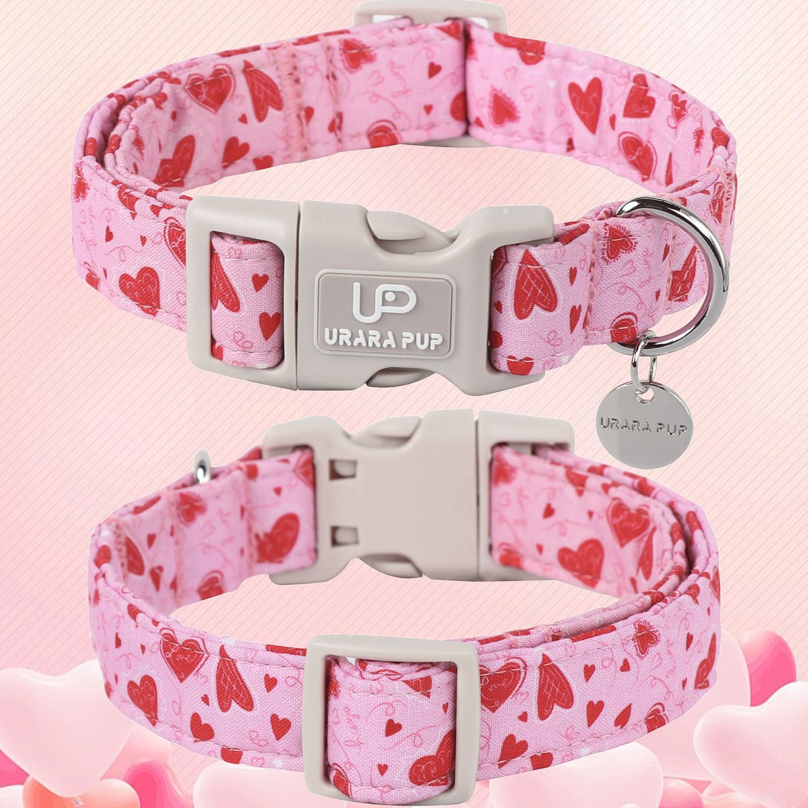 Up Urara Pup Pink Heart Dog Collar With Quick Release - Valentine'S Day Gift Collar For Puppy Girl Boy Dogs