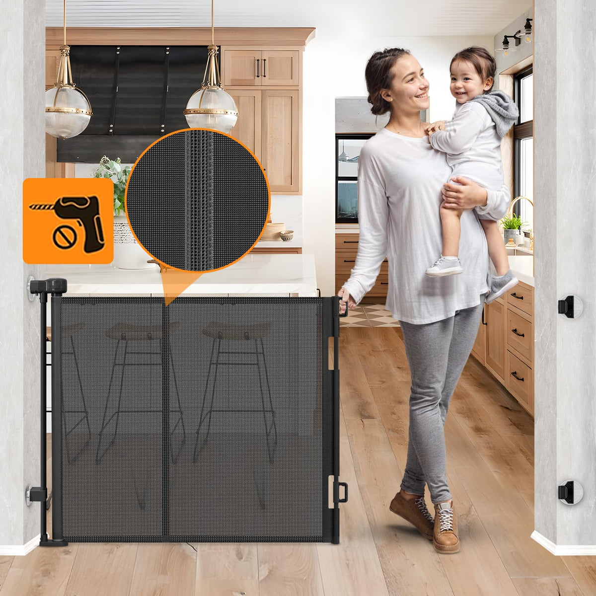 Reinforced No Drill Retractable Pet Gates for Doorways No Drilling Retractable Dog Gate with Support Rods to Prevent Crawling Un