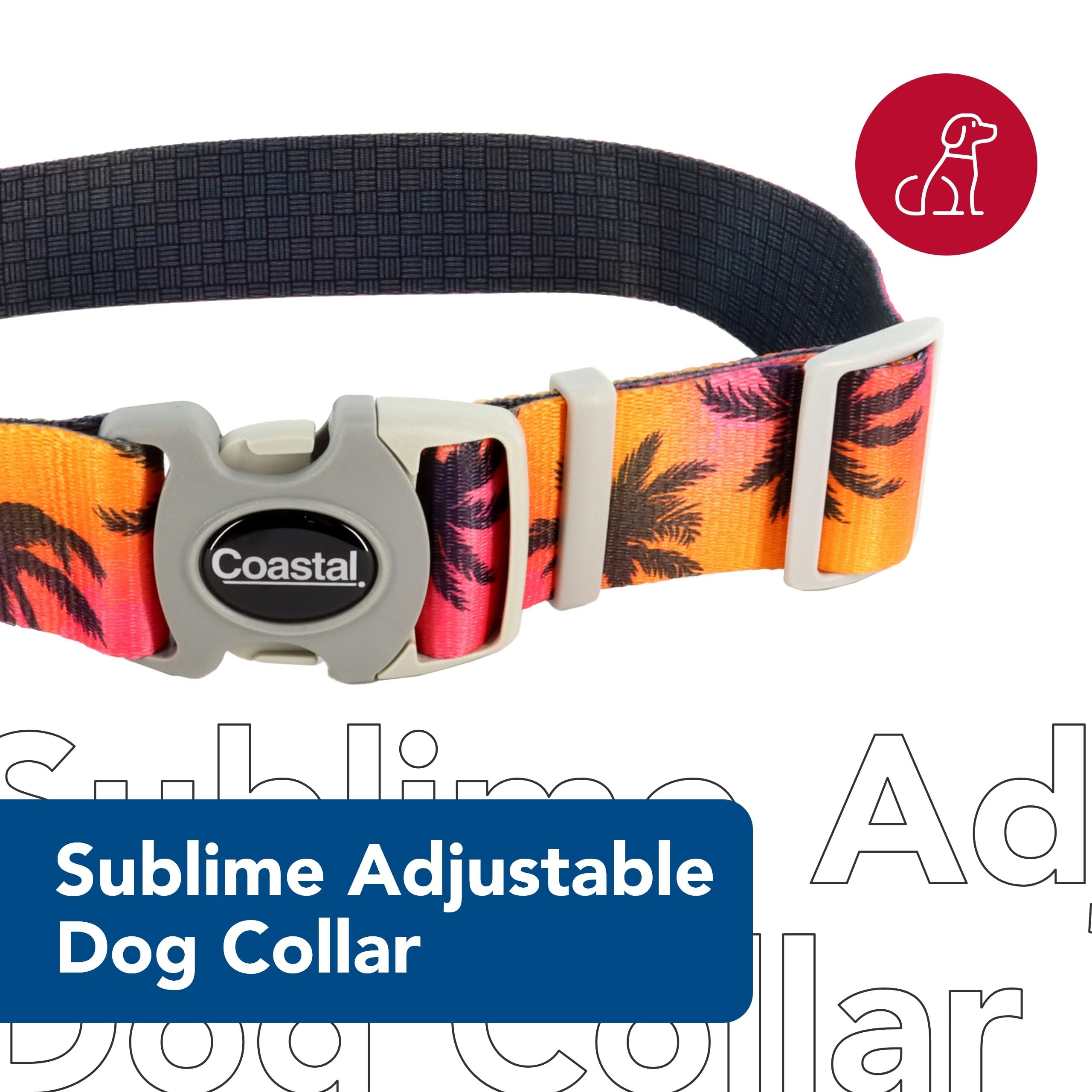 Coastal Pet Sublime Adjustable Dog Collar - Adjustable Plastic Buckle - Vibrant & Colorful Dog Collar With Fade-Resistant Patterns - Sunset Palms With Black Grid, Medium - 1' X 12'-18'