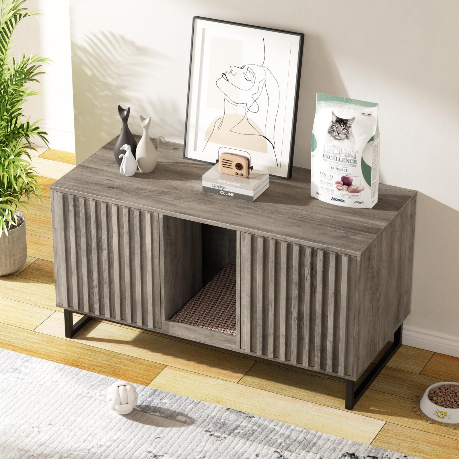 Vabches 47.2    Large Cat Litter Box Enclosure With Scratch Pad, Double Hidden Wooden Indoor Cat House, Tv Stand Side Table Pet