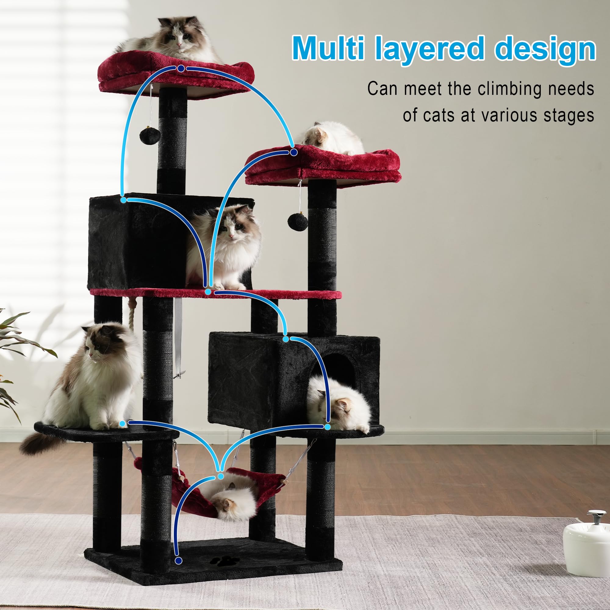 Hey-Brother Gothic Large Multi-Level Cat Tree Condo Furniture With Sisal-Covered Scratching Posts, 2 Bigger Plush Condos, Perch