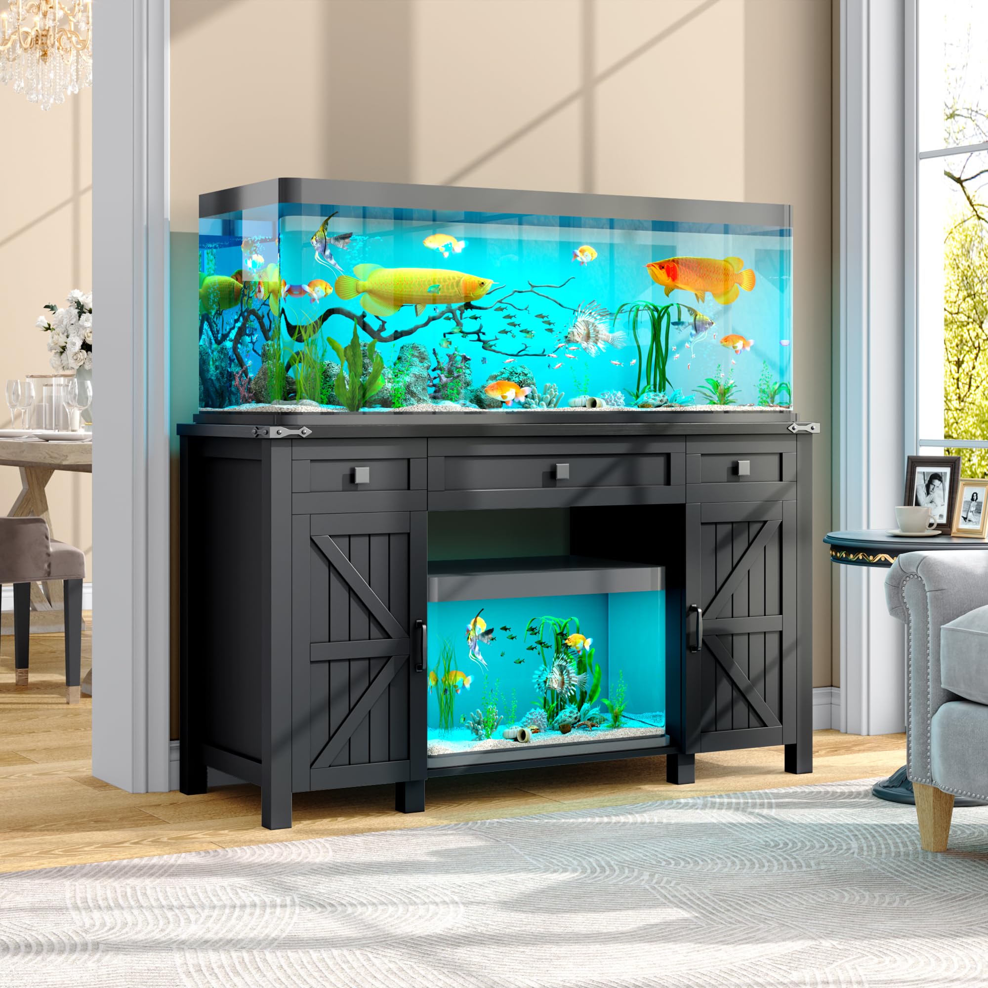 kepptory Aquarium Stand for 55-75 Gallon Tanks, Black, Heavy Duty with Power Outlet & Adjustable Shelves, Model 7889HY9