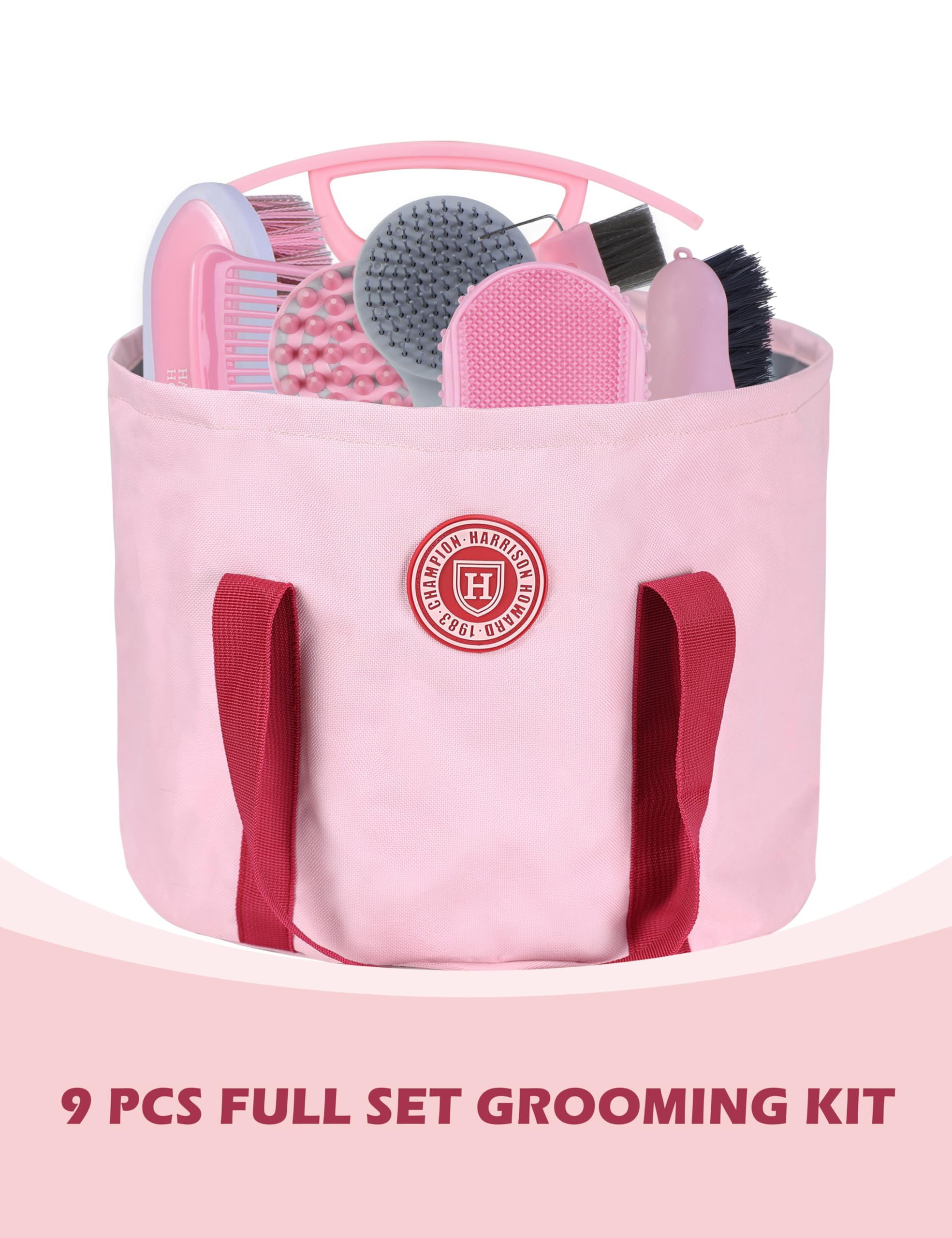 Harrison Howard Horse Grooming Kit 9-Piece Equine Care Series Horse Brush Sets With Organizer Tote Bag Pink