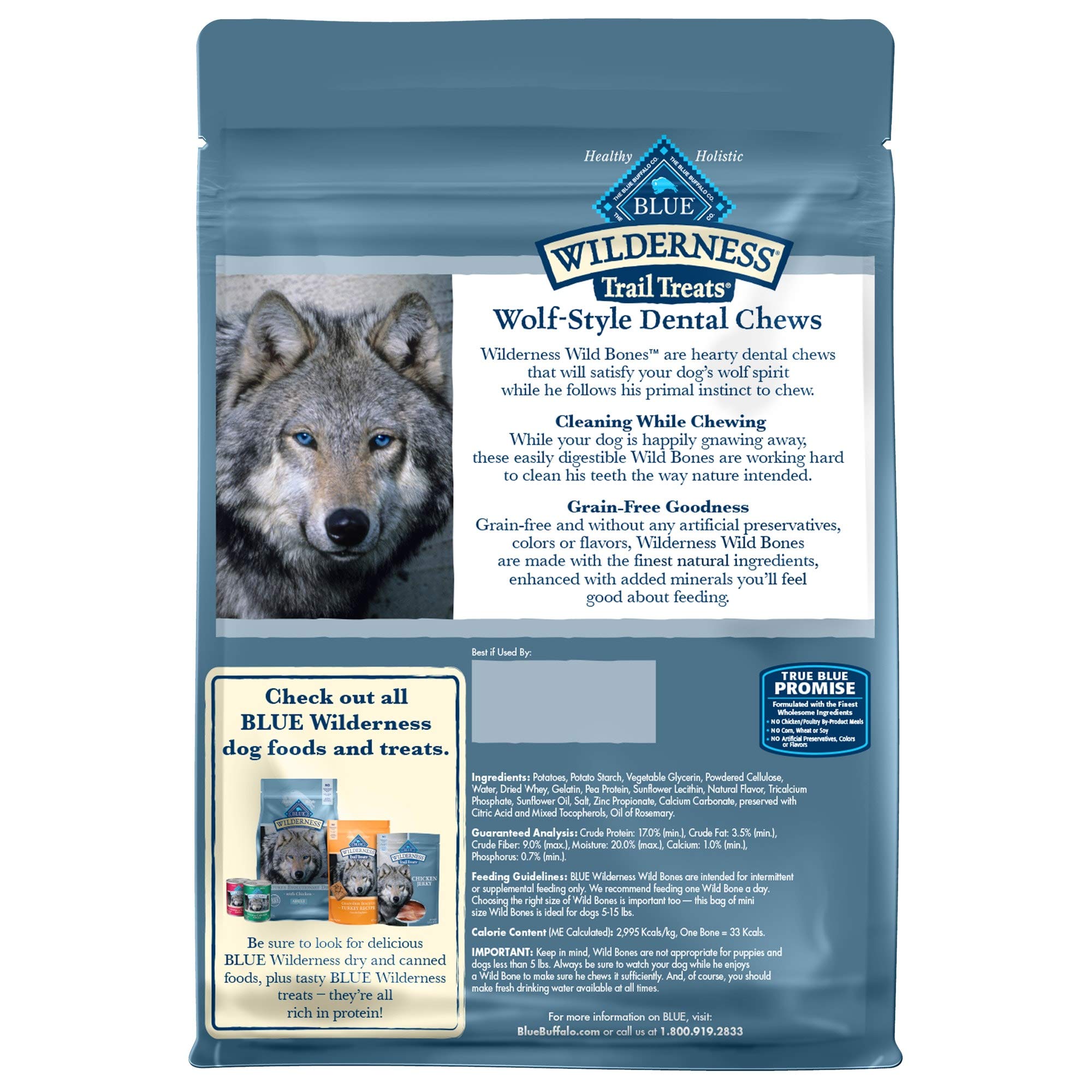 Blue Buffalo Wilderness Wild Bones Grain Free Dental Chews Dog Treats, Mini 27-oz Bag