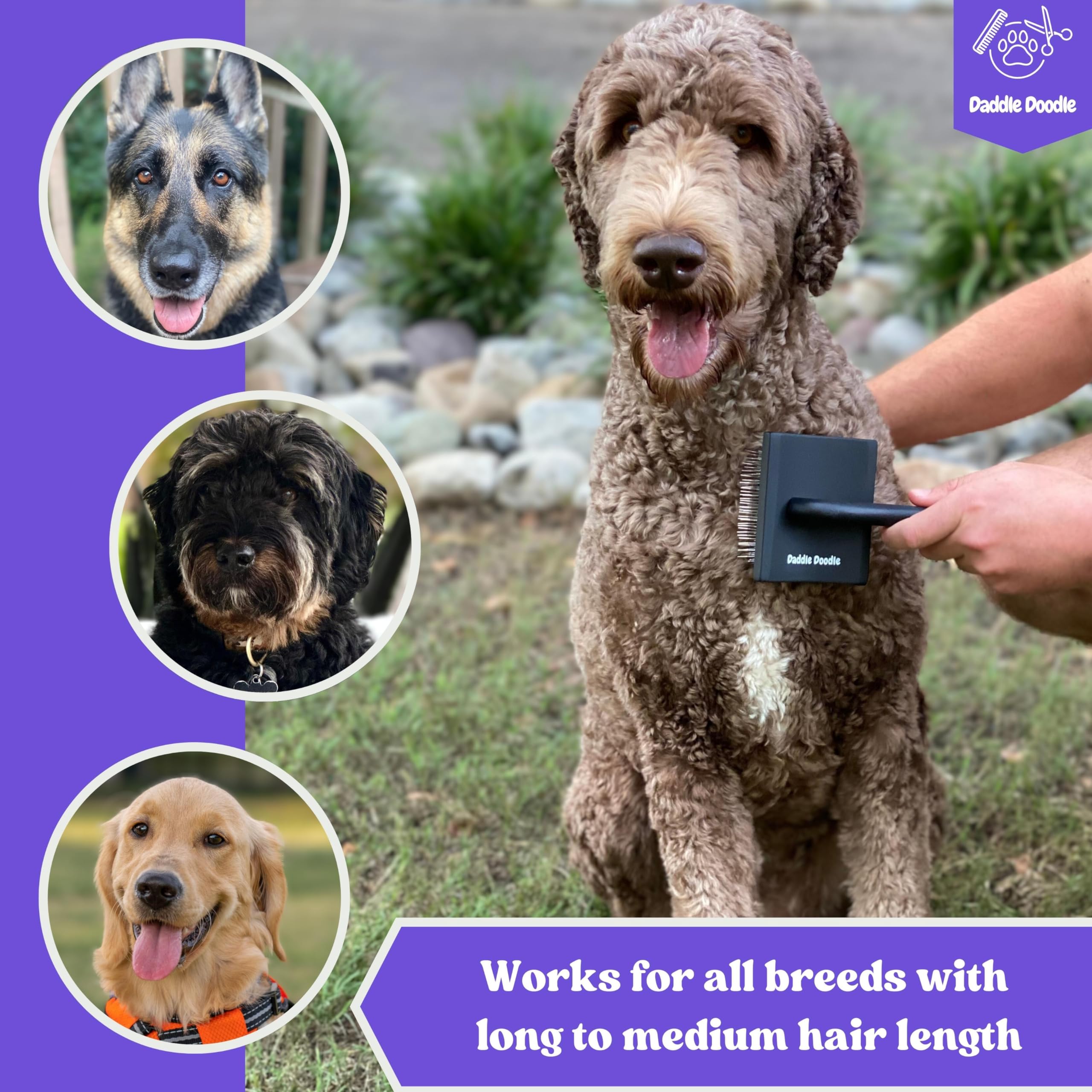 Daddle Doodle Dog Slicker Brush - Dog Grooming Brush Especially Designed For All Poodles And Doodle Mixes – Fluff, Style, Detangle, And Demat – Ergonomic Handle Design – Soft And Angled Brush Pins