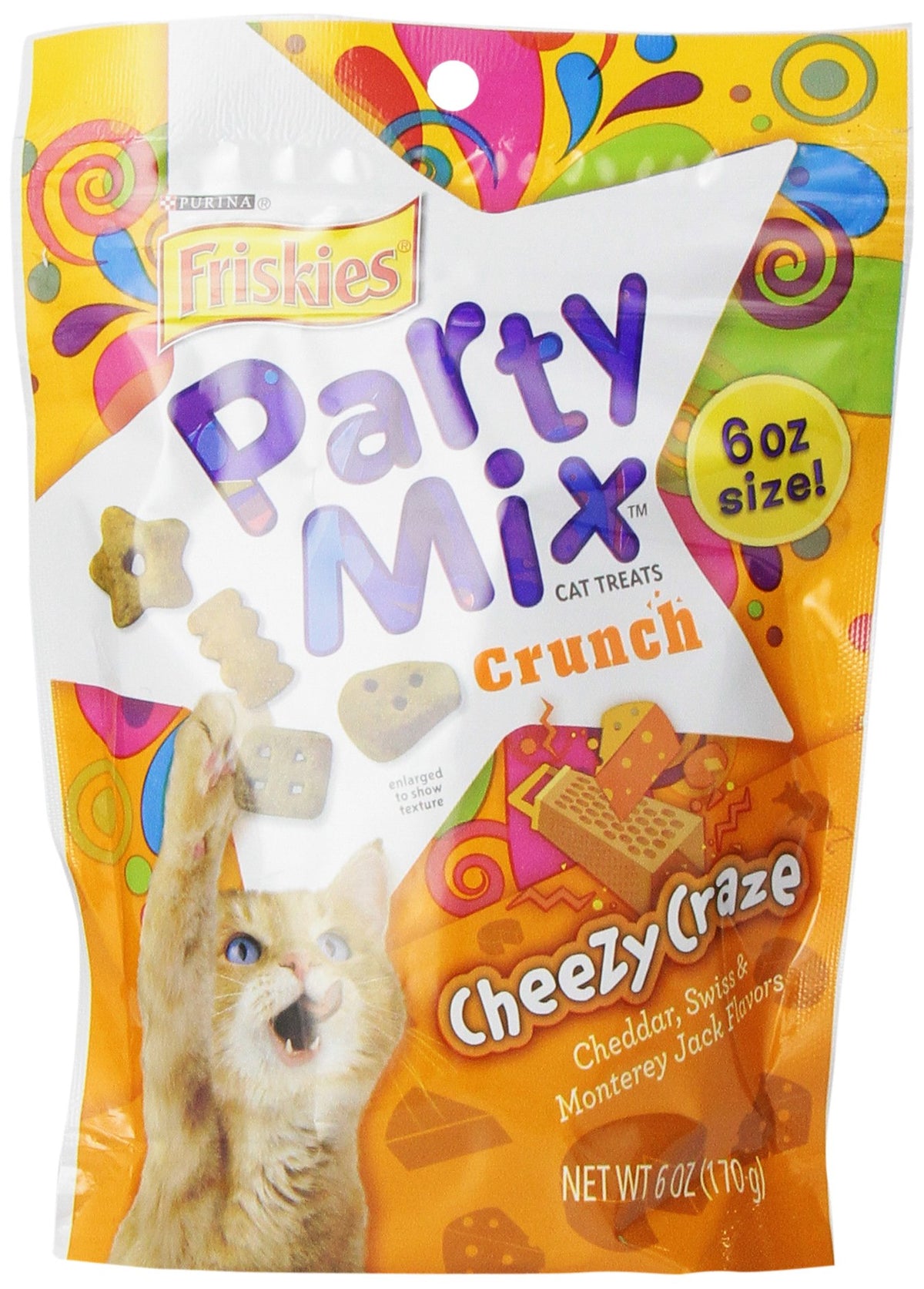 Purina Friskies Made In Usa Facilities Cat Treats, Party Mix Cheezy Craze Crunch - (7) 6 Oz. Pouches