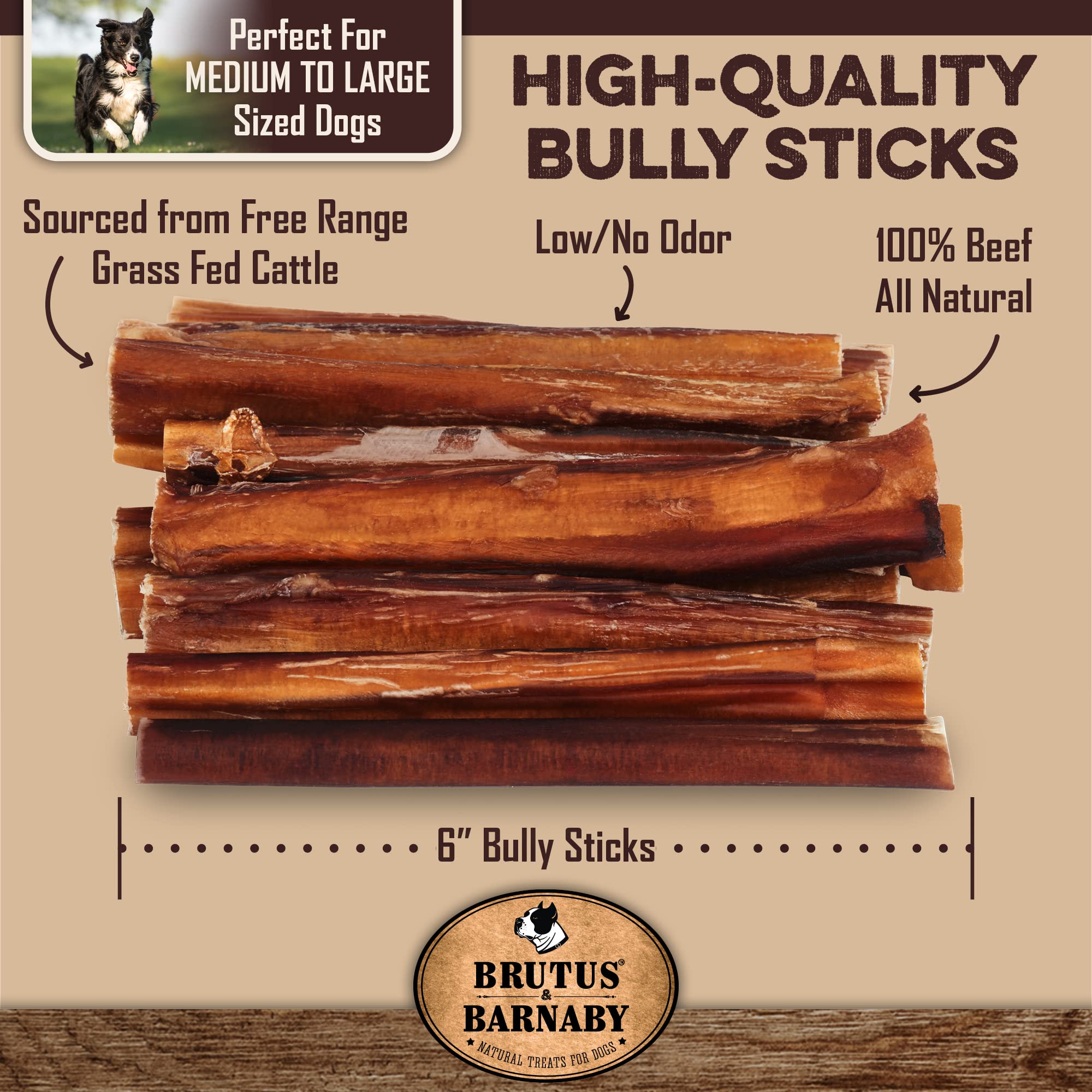 BRUTUS & BARNABY Thick Bully Sticks for Dogs - Odor Free Chews for Large, Medium & Small Breeds - Grain-Free, Rawhide-Free, Dige