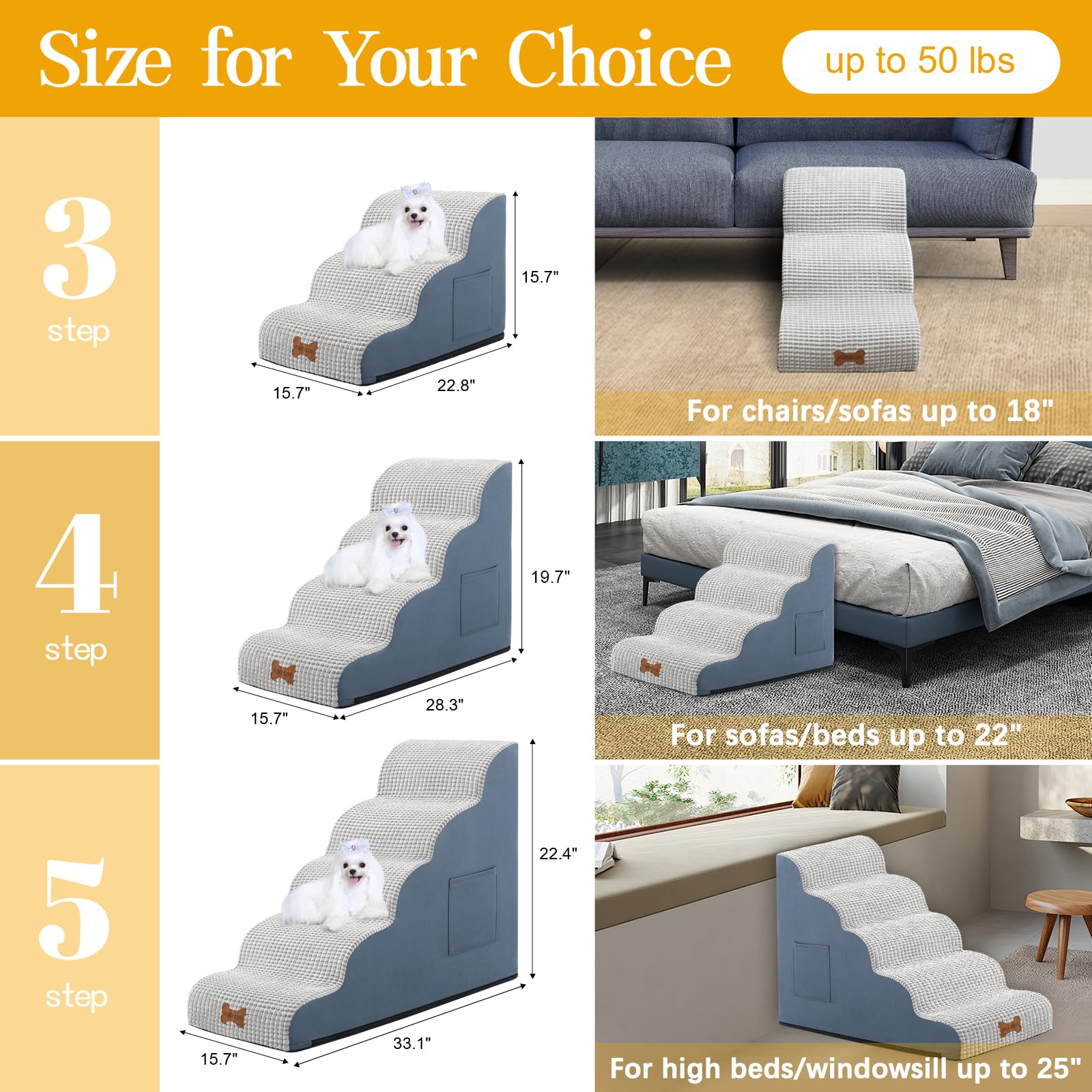 Pocblue Dog Stairs For Small Dogs 15.7'' H, 3-Step Wide Pet Step For High Bed Or Couch, Curved Pet Ramps For Cats With High-Dens