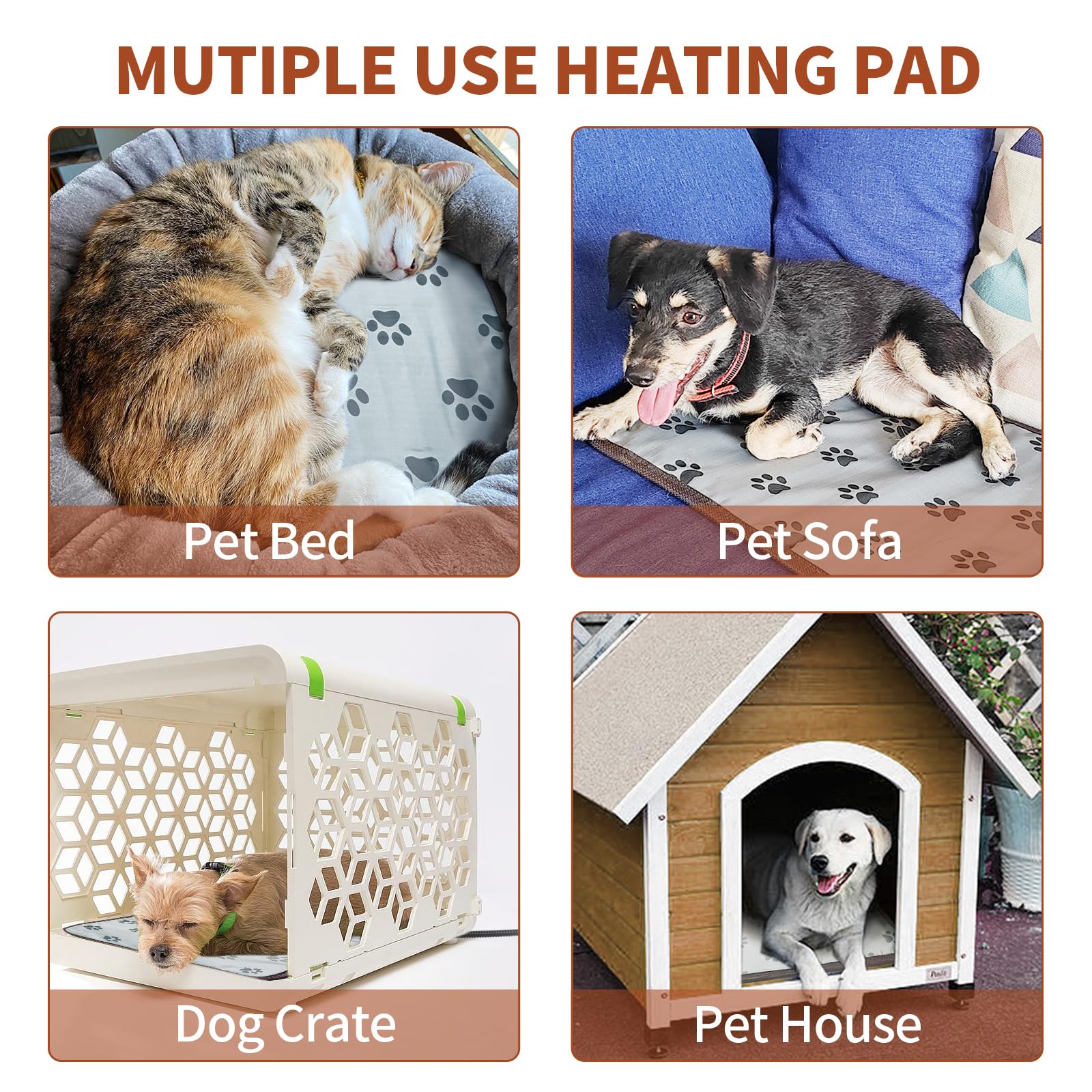 Golopet Cat Heating Pad Round-D16In Pet Heating Pads For Cats Waterproof Smart Thermostat Switch, Adjustable Heated Cat Bed,Adding Wire Rope Wires Cat Warming Pad-Paw Print
